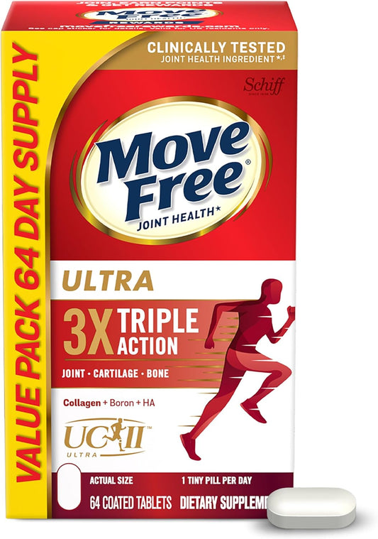 Move Free Ultra Triple Action Joint Support Supplement - Type II Collagen Boron & Hyaluronic Acid - Supports Joint Comfort, Cartiliage & Bones in 1 Tiny Pill per Day, 64 Tablets (64 Servings)*