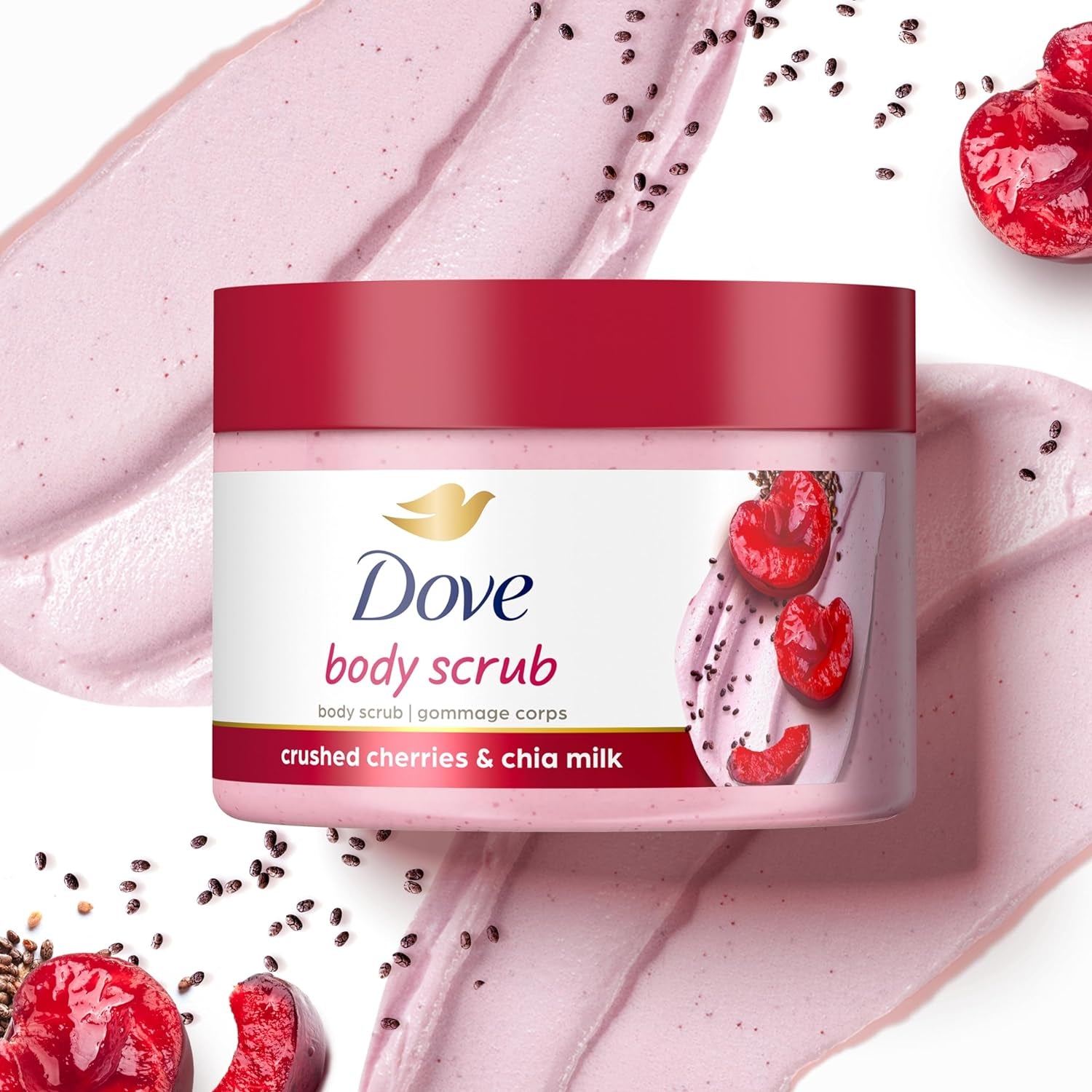 Dove Exfoliating Body Polish Crushed Cherries & Chia Milk Skin Care for Revitalized Skin Formulated with 1/4 Moisturizing Cream 10.5 Oz