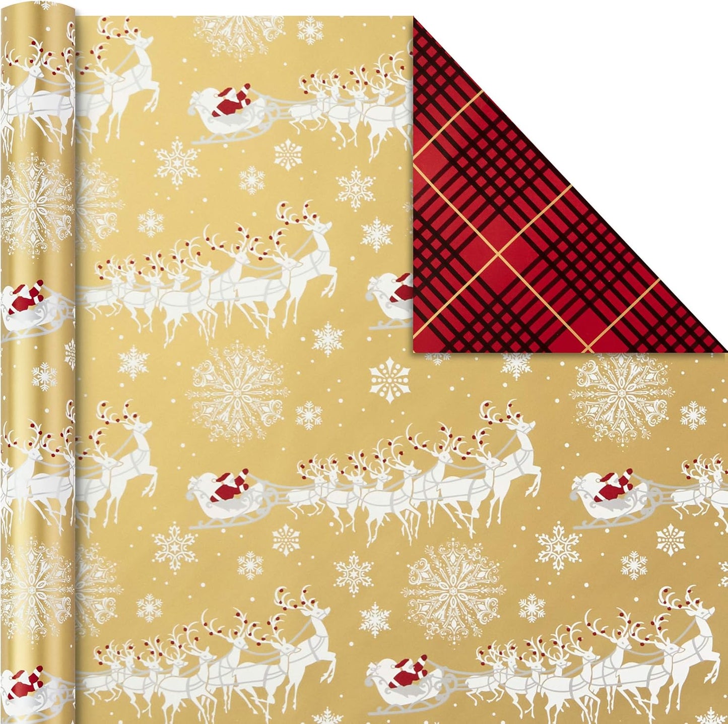 Hallmark Christmas Wrapping Paper Rolls - Traditional Holiday Gift Wrap Paper (Set of 3 Reversible Rolls: 120 Sq. Ft. Ttl.) Red and Gold Snowflakes, Stripes, Plaid, Santa'S Sleigh