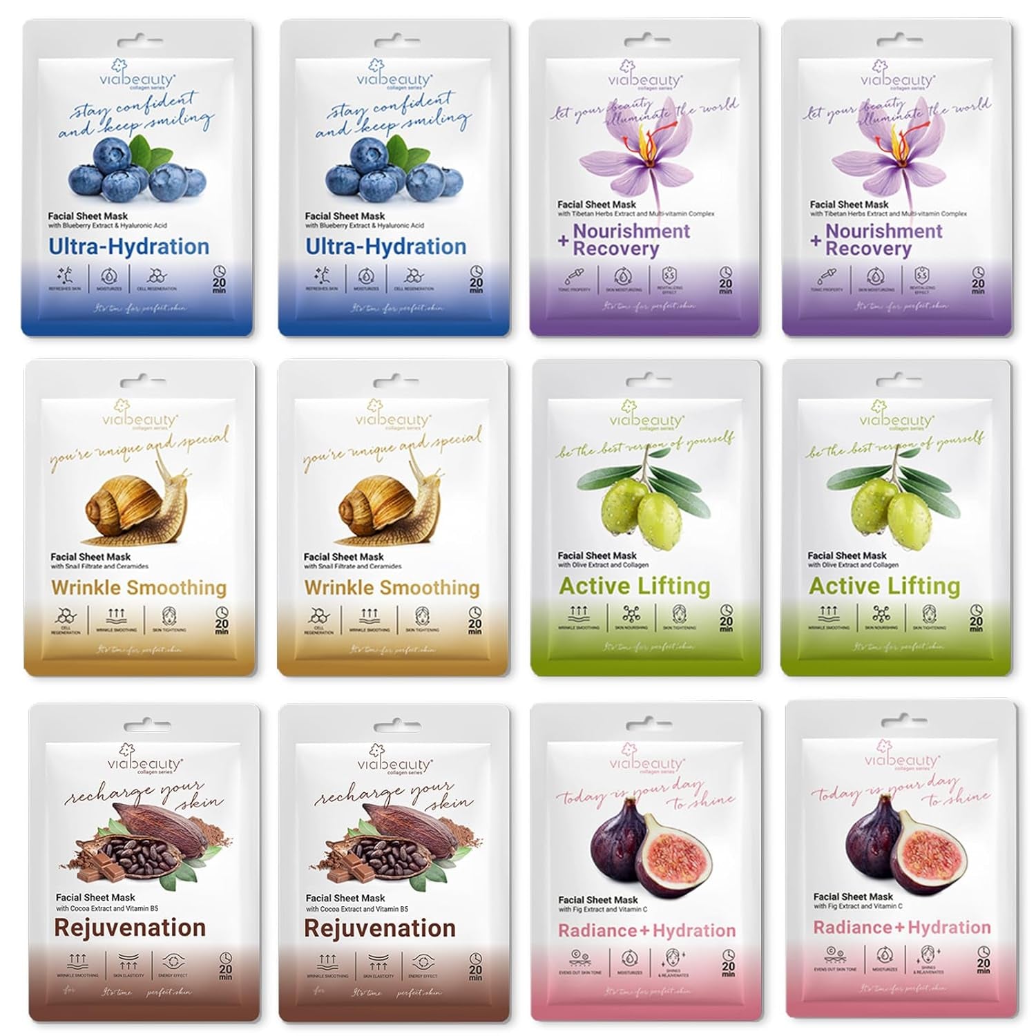 6 Pack of Sheet Face Masks Skincare - Collagen Face Mask Sheets with Hyaluronic Acid, Vitamin C, Snail Mucin - Facial Sheet Mask for Hydrating, Moisturizing, Rejuvenating