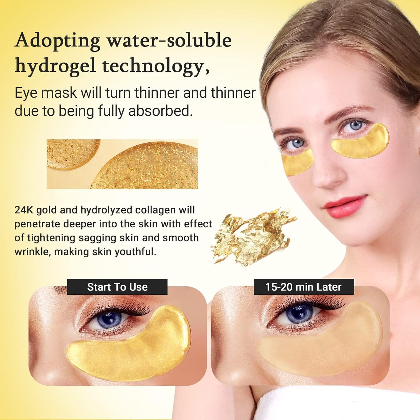 Under Eye Patchs (30 Pairs) 24K Gold Eye Mask and Hyaluronic Acid Eye Patch and Rose Eye Masks for Dark Circles and Puffiness Wrinkle Eye Bags (24K Gold)