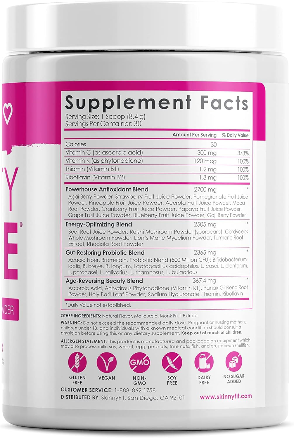 Skinnyfit Beauty Juice, Red Superfood Powder, Acai Berry Flavor - Anti-Aging, Aids in Digestion, Helps Boost Mood & Immunity, Prebiotics & Probiotics, 30 Servings