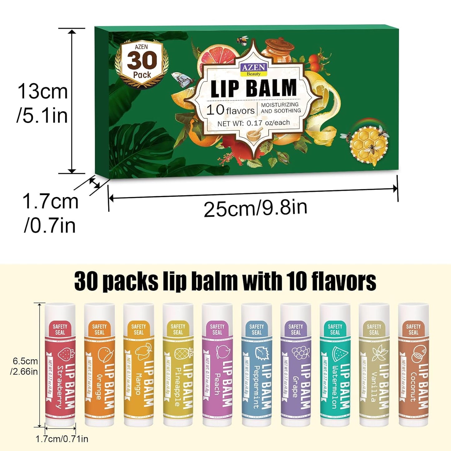 AZEN 30 Pack Lip Balm, Natural Lip Balm Bulk, Lip Care Product, Moisturizing Lip Balm for Dry Cracked Lips - 10 Flavors