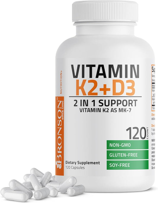 Bronson Vitamin K2 (MK7) with D3 Supplement Non-Gmo Formula 5000 IU Vitamin D3 & 90 Mcg Vitamin K2 MK-7 Easy to Swallow Vitamin D & K Complex, 120 Capsules.