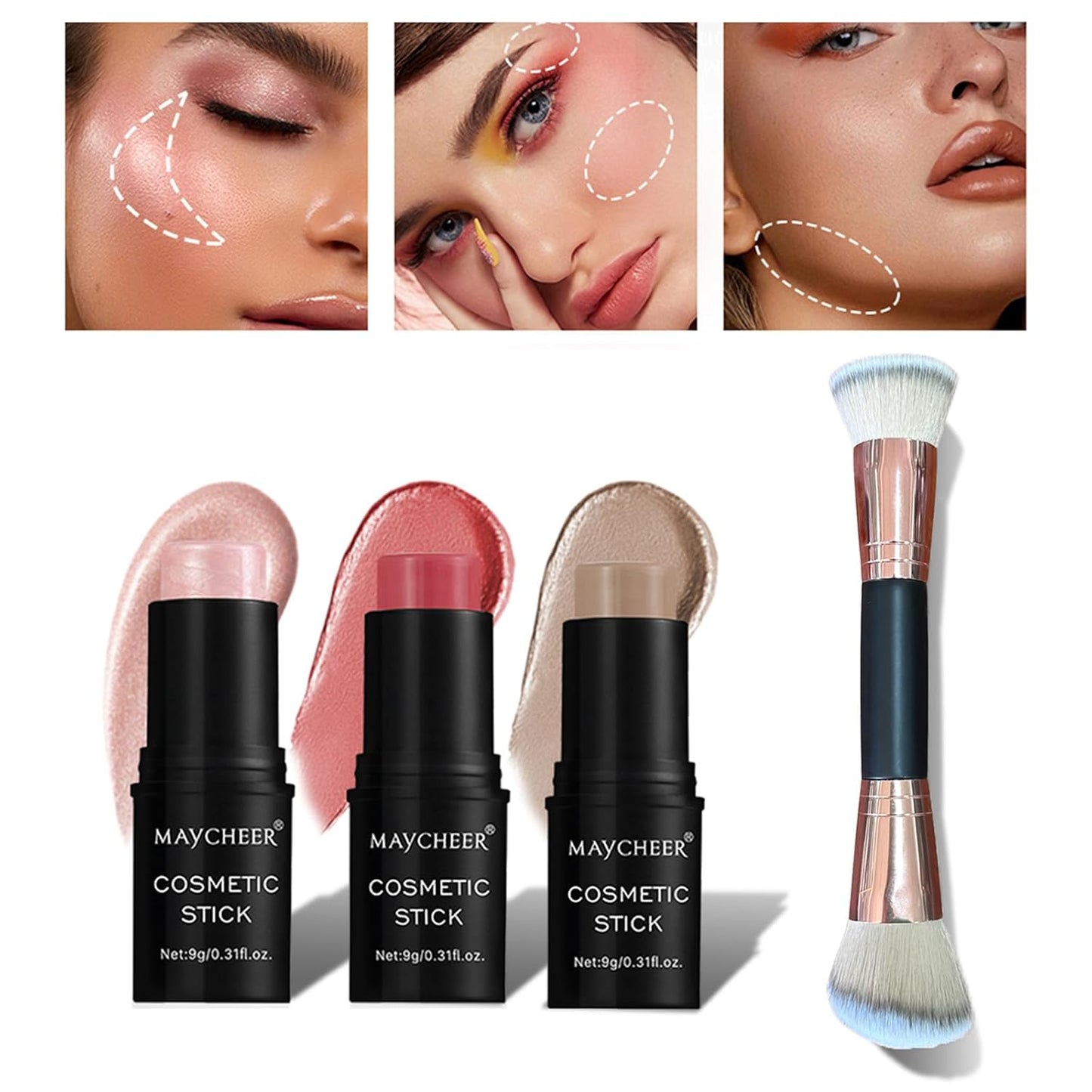 Contour Stick Makeup Set, 2024 New Face Stick Cream Blush, Bronzer Stick, Highlighter Stick for Face with Makeup Brush, Long Lasting & Natural Matte Contour Sticks for Beginner, 3 Colors (#01, 03, 05)