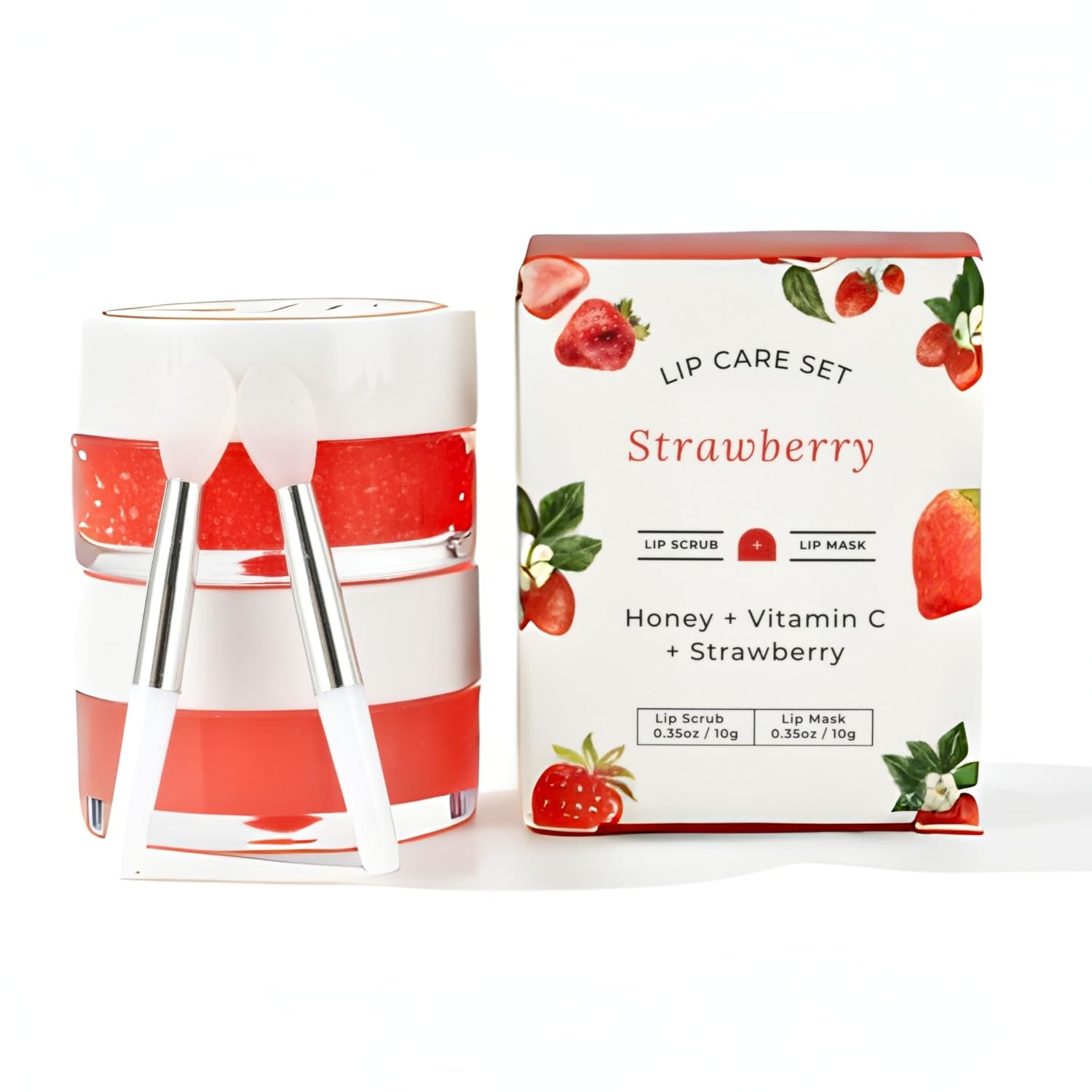 Benatu Lip Sleeping Mask & Sugar Exfoliator Scrub Set, Hydrating Overnight Plumper & Moisturizer Care Gift for Women with Silicone Applicators for Cracked & Dry Lips (Strawberry)