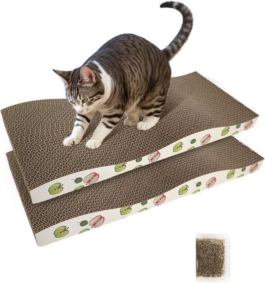 Cat Scratching Board, Corrugate Cat Scratcher for Indoor Cats with Catnip, Cat Scratch Pad with Premium Scratch Textures Design, Cardboard Cat Scratcher with Double-Sided Usability (Pack of 2)