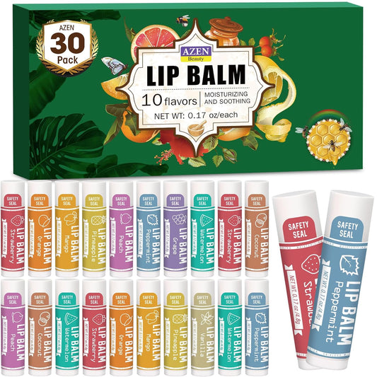 AZEN 30 Pack Lip Balm, Natural Lip Balm Bulk, Lip Care Product, Moisturizing Lip Balm for Dry Cracked Lips - 10 Flavors