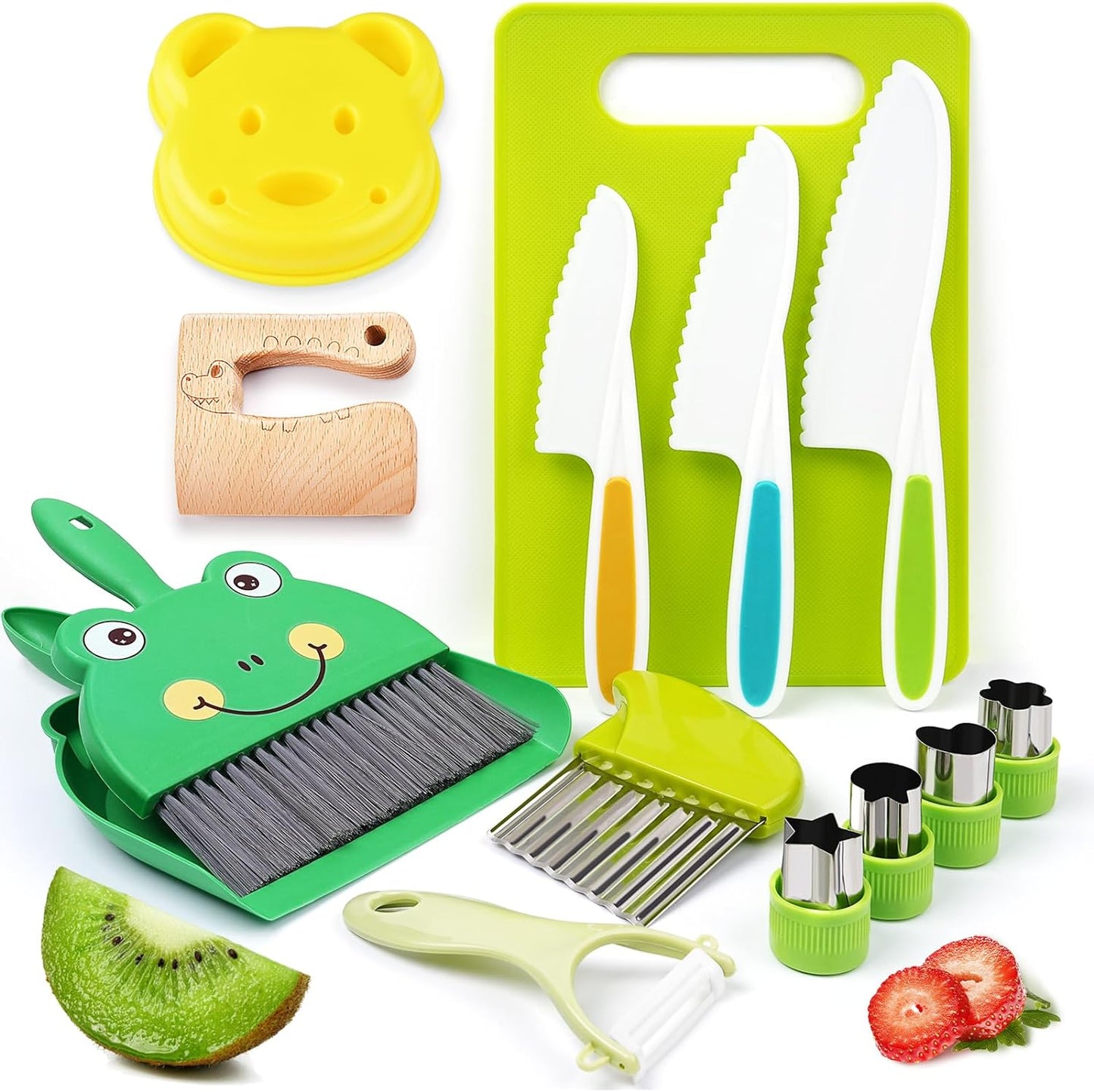 13 Pieces Montessori Kitchen Tools for Toddlers-Kids Cooking Sets Real-Toddler Toys Set for Real Cooking with Plastic Children Safe Knives Crinkle Cutter Kids Cutting Board