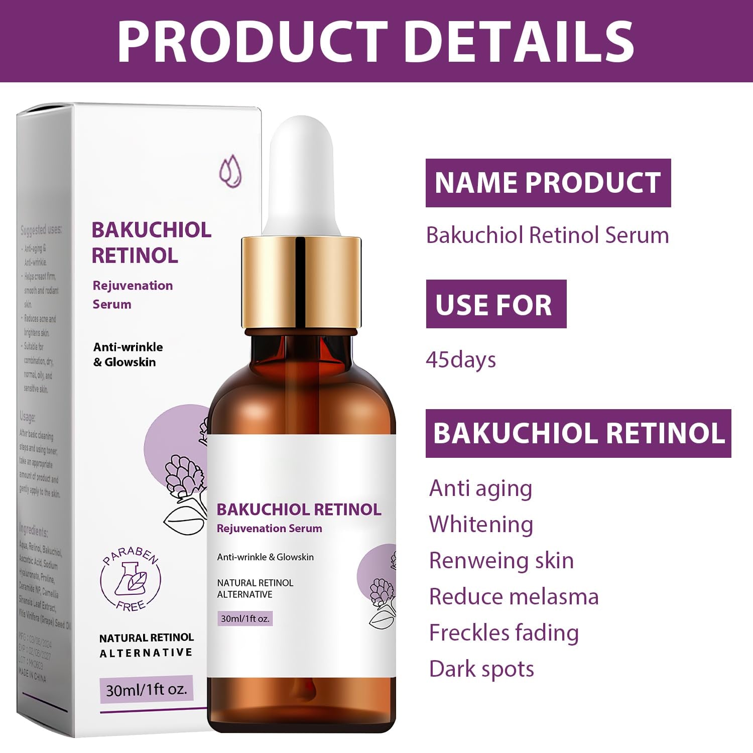 Venature Bakuchiol Retinol Rejuvenation Serum,2024 Best Retinol Serum for Wrinkles Bakuchiol Retinol Face Serum Korean, Retinol Serum for Wrinkles, Reduce Wrinkles(2Pcs)