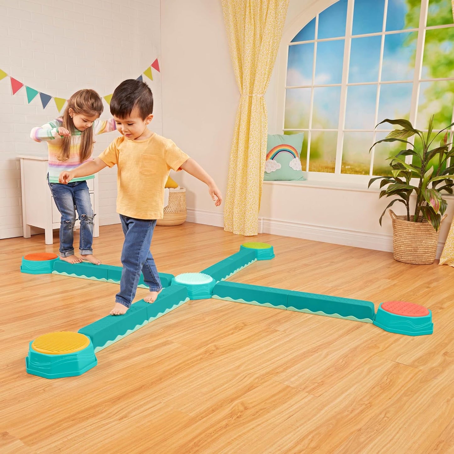 B. Toys – Balance Beam for Kids – Interlocking Balancing Beams – 5 Sensory Pads & 8 Beams – Active Play for Toddlers, Kids – 3 Years + – Balance & Build Set