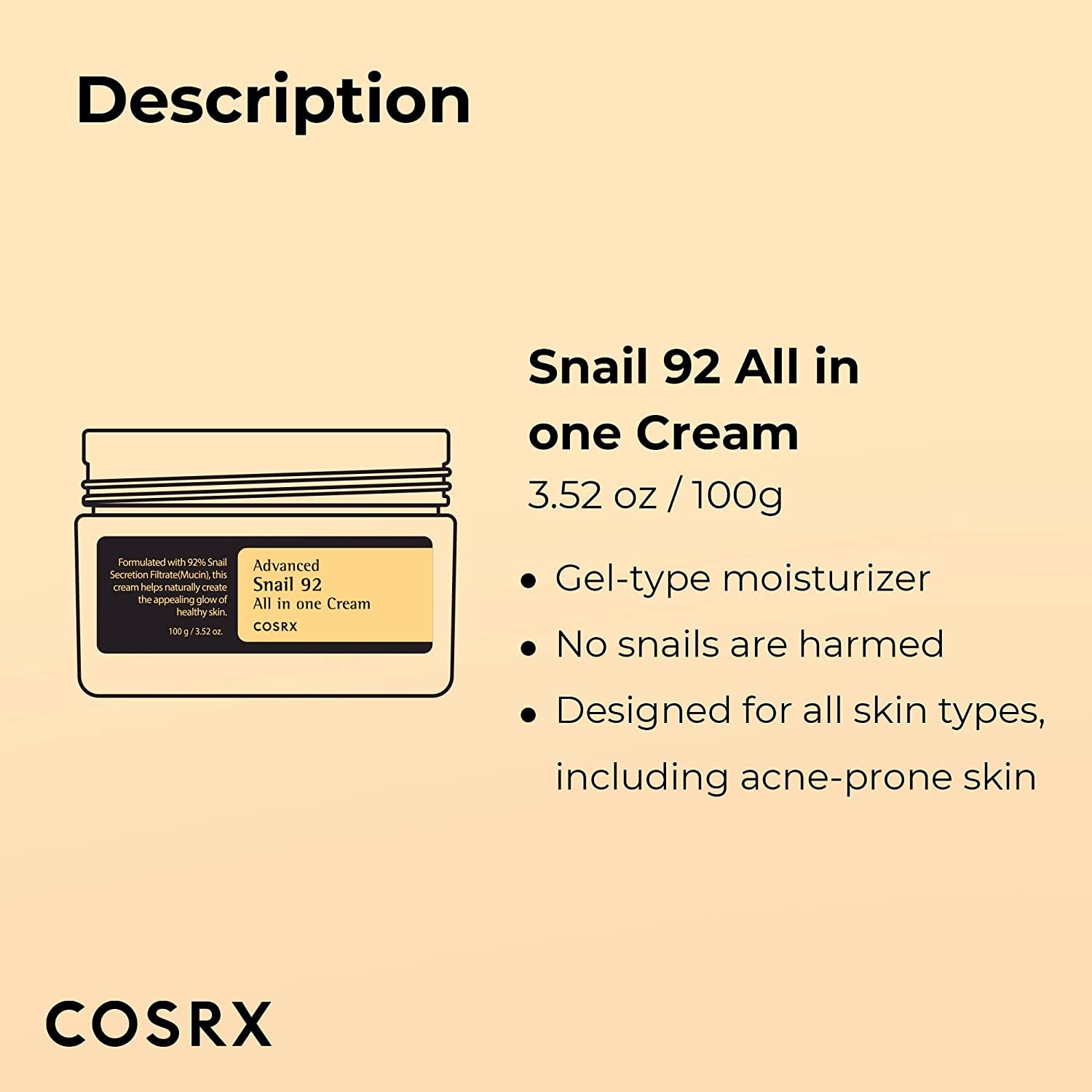 COSRX Snail Mucin 92% Face Moisturizer, 3.52 Oz, Lightweight Moisturing Cream for Soft, Glowy Skin, Korean Skin Care, Korean Moisturizer Face Cream