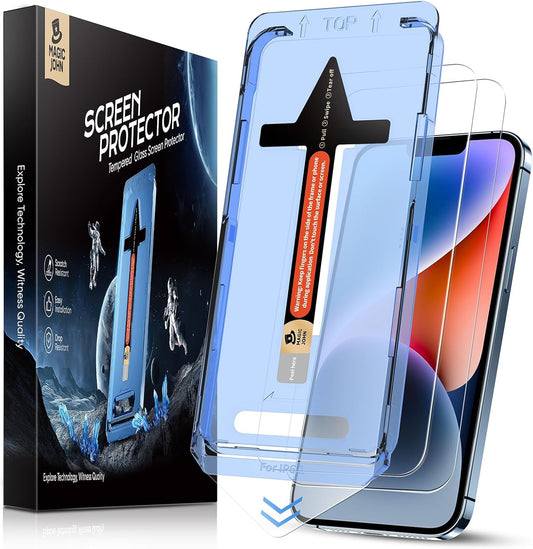 MAGIC JOHN 2 Pack for Iphone 13/14& Iphone 13 Pro 6.1 Inch Tempered Glass Screen Protector, Auto Dust-Elimination, Bubble Free, HD Clear, Easy Installation