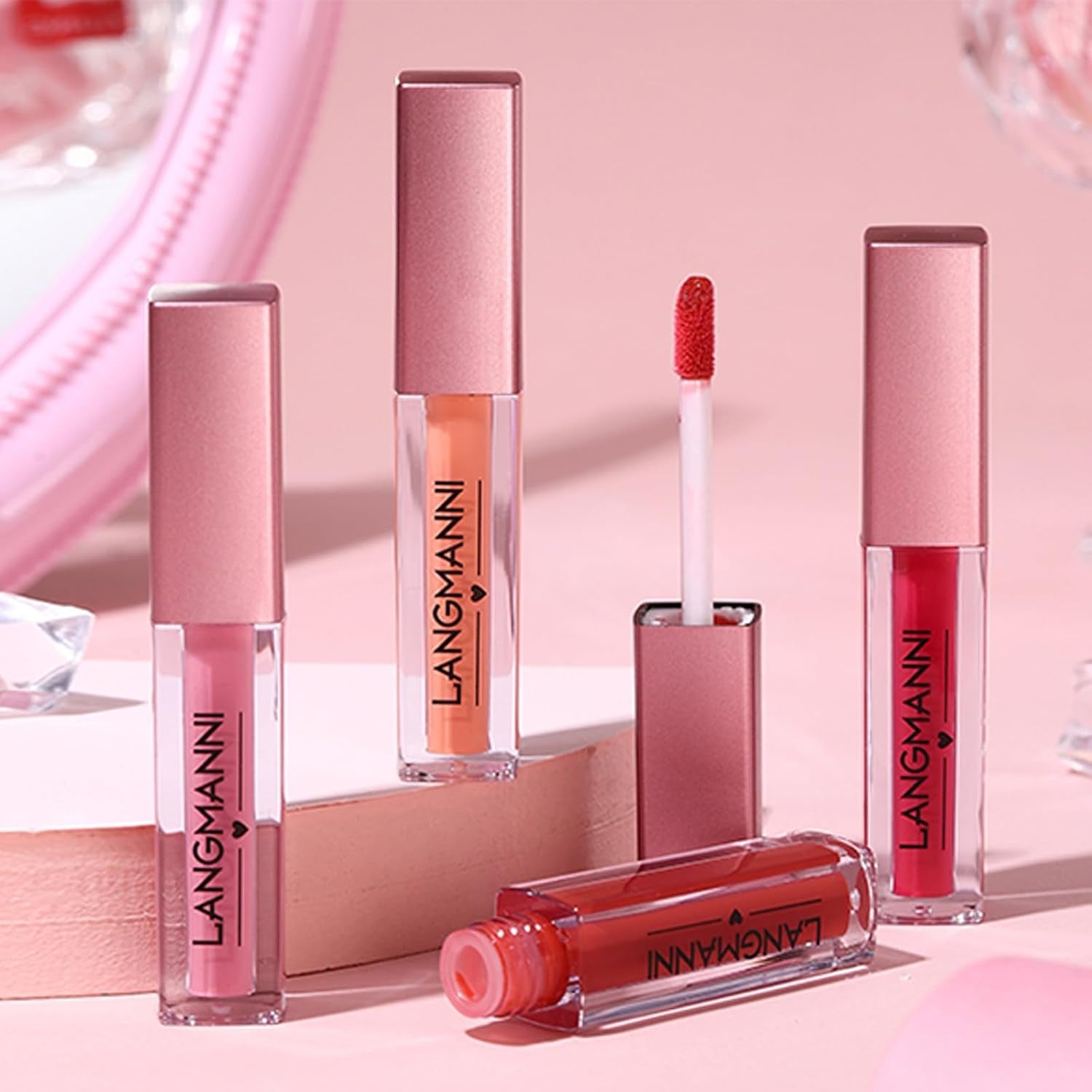 LANGMANNI 12Pcs Lip Gloss Collection Makeup Set, Shiny Smooth Soft Liquid Lip Glosses Lip Stain with Rich Varied Colors for Girls and Women Makeup (Glossy-A)