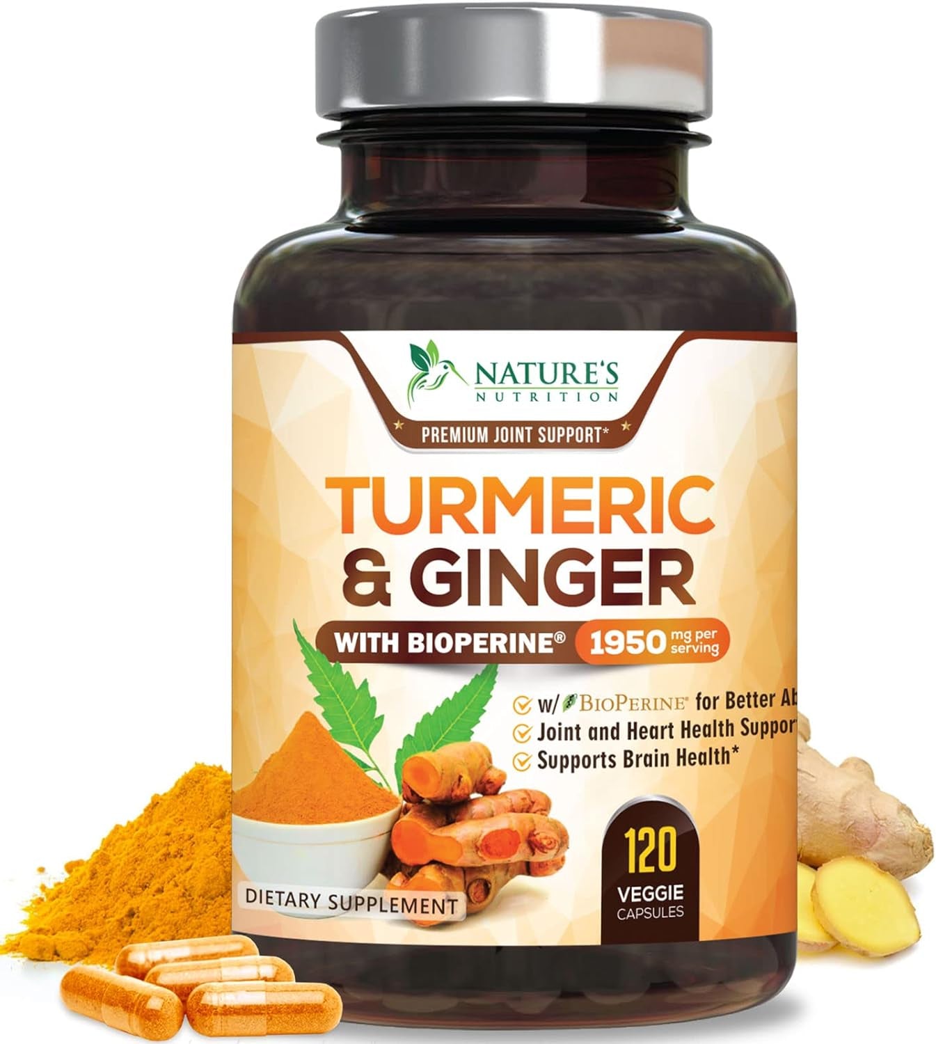 Turmeric Curcumin Supplement 1950Mg with Organic Turmeric & Ginger, 95% Curcuminoids, Bioperine Black Pepper for Best Absorption, Nature'S Vegan Joint Support, Non-Gmo, Bottled in USA - 240 Capsules