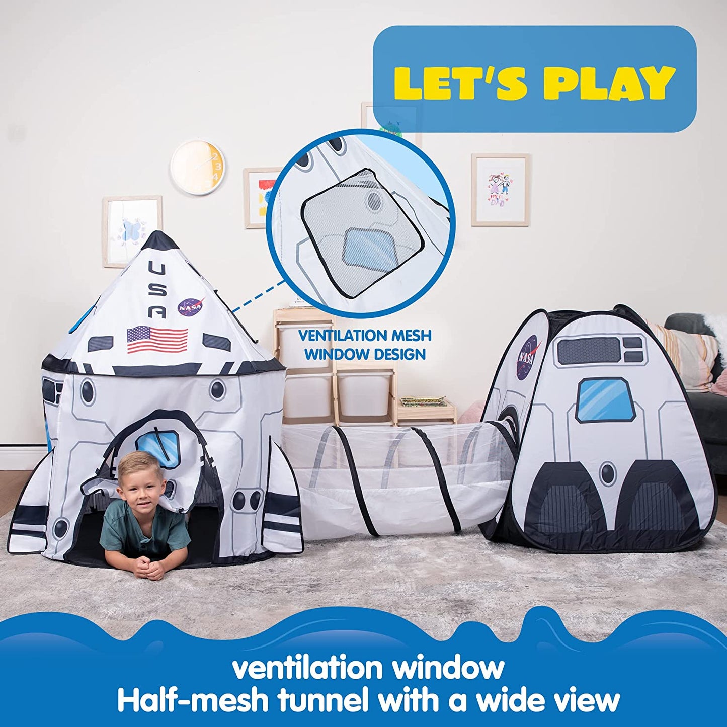 JOYIN White Rocket Ship Pop up Play Tent with Tunnel and Playhouse Kids Indoor Outdoor Spaceship Tent Set