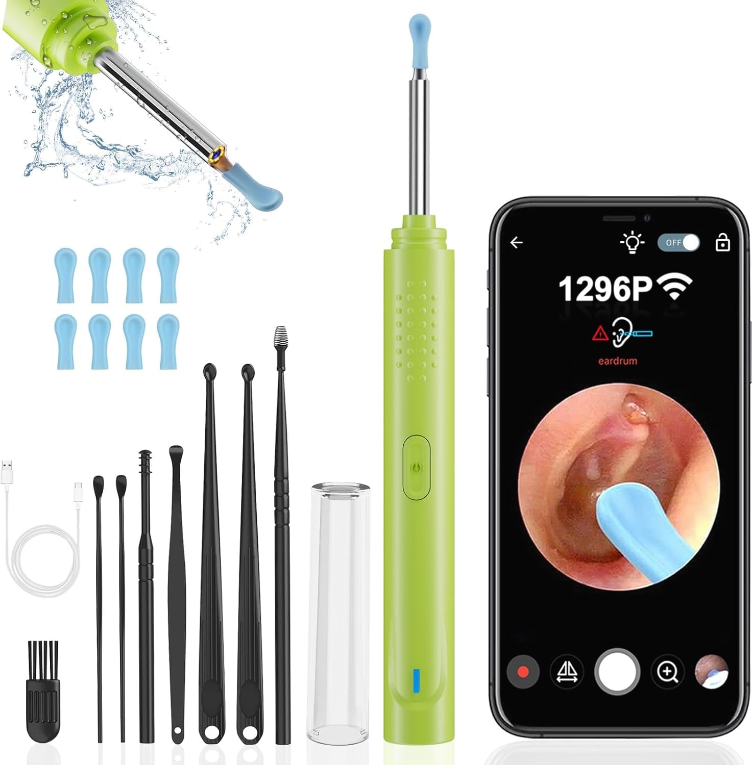 Ear Wax Removal, Ear Cleaner with Camera with 1296P, Earwax Removal Kit with 9 Ear Pick and 8 Traditional Tools, Built-In Wifi IP67 Waterproof, Ear Cleaning Kit for Iphone,Ipad,Android (Black)