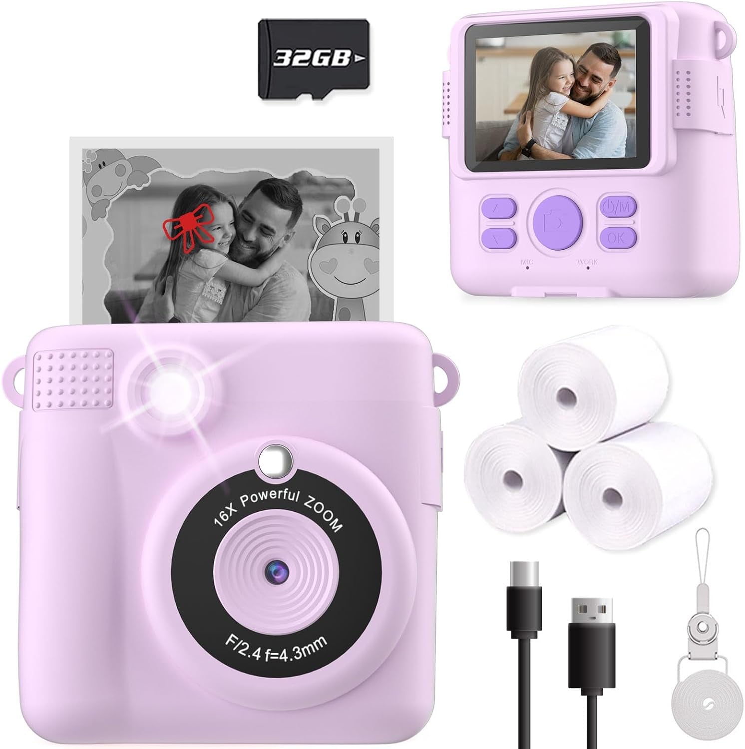 Instant Print Camera for Kids, Christmas Birthday Gifts for Girls Boys, HD Digital Video Cameras for Toddler, Portable Toy for 4 5 6 7 8 9 10 Year Old Girl with 32GB SD Card-Purple