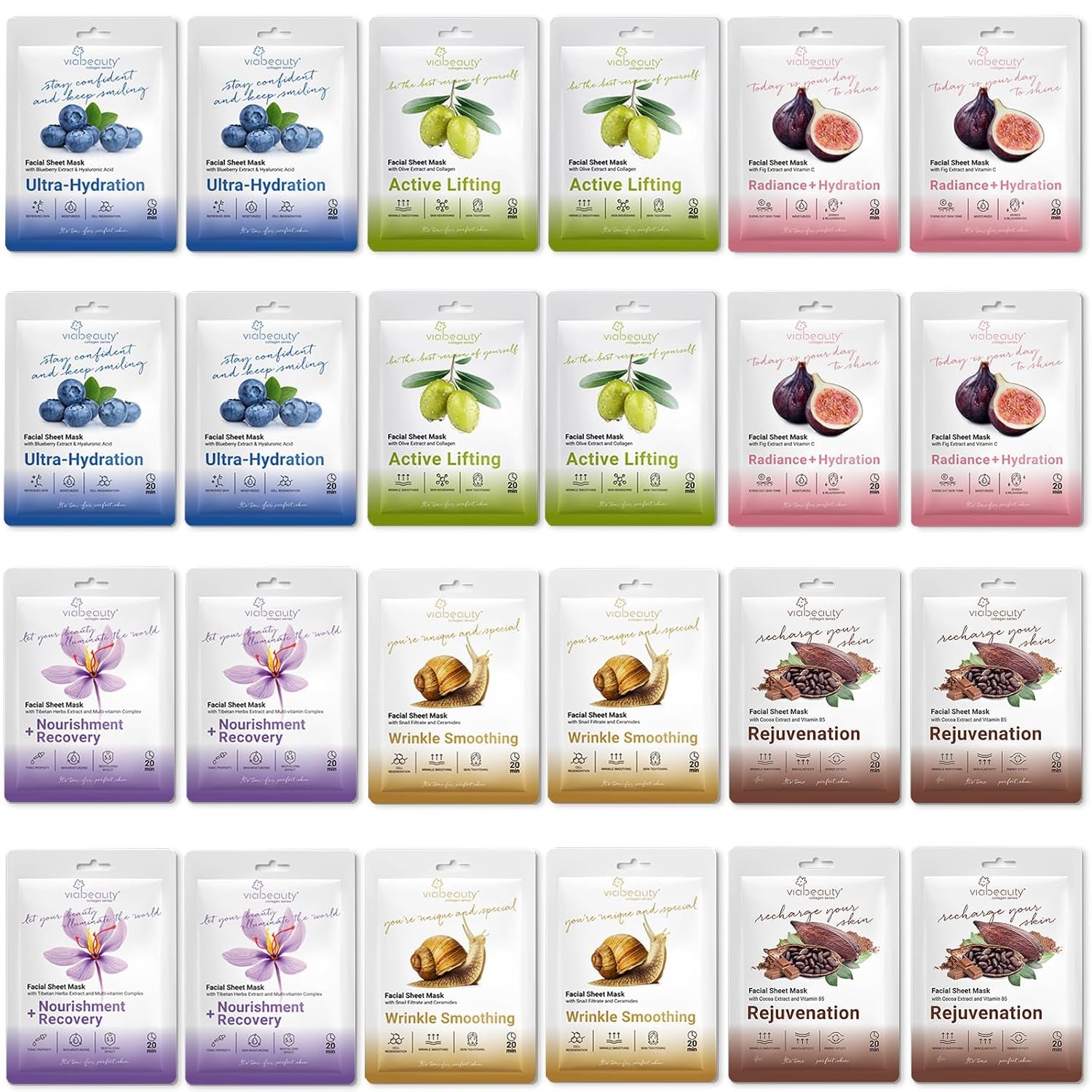 6 Pack of Sheet Face Masks Skincare - Collagen Face Mask Sheets with Hyaluronic Acid, Vitamin C, Snail Mucin - Facial Sheet Mask for Hydrating, Moisturizing, Rejuvenating