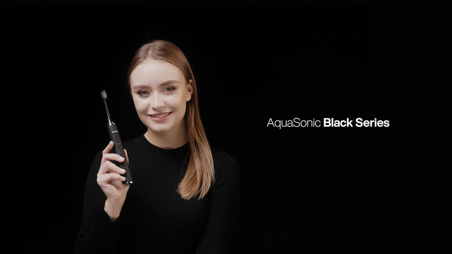 Aquasonic Black Series Ultra Whitening Toothbrush – ADA Accepted Electric Toothbrush- 8 Brush Heads & Travel Case – 40,000 VPM Electric Motor & Wireless Charging - 4 Modes W Smart Timer