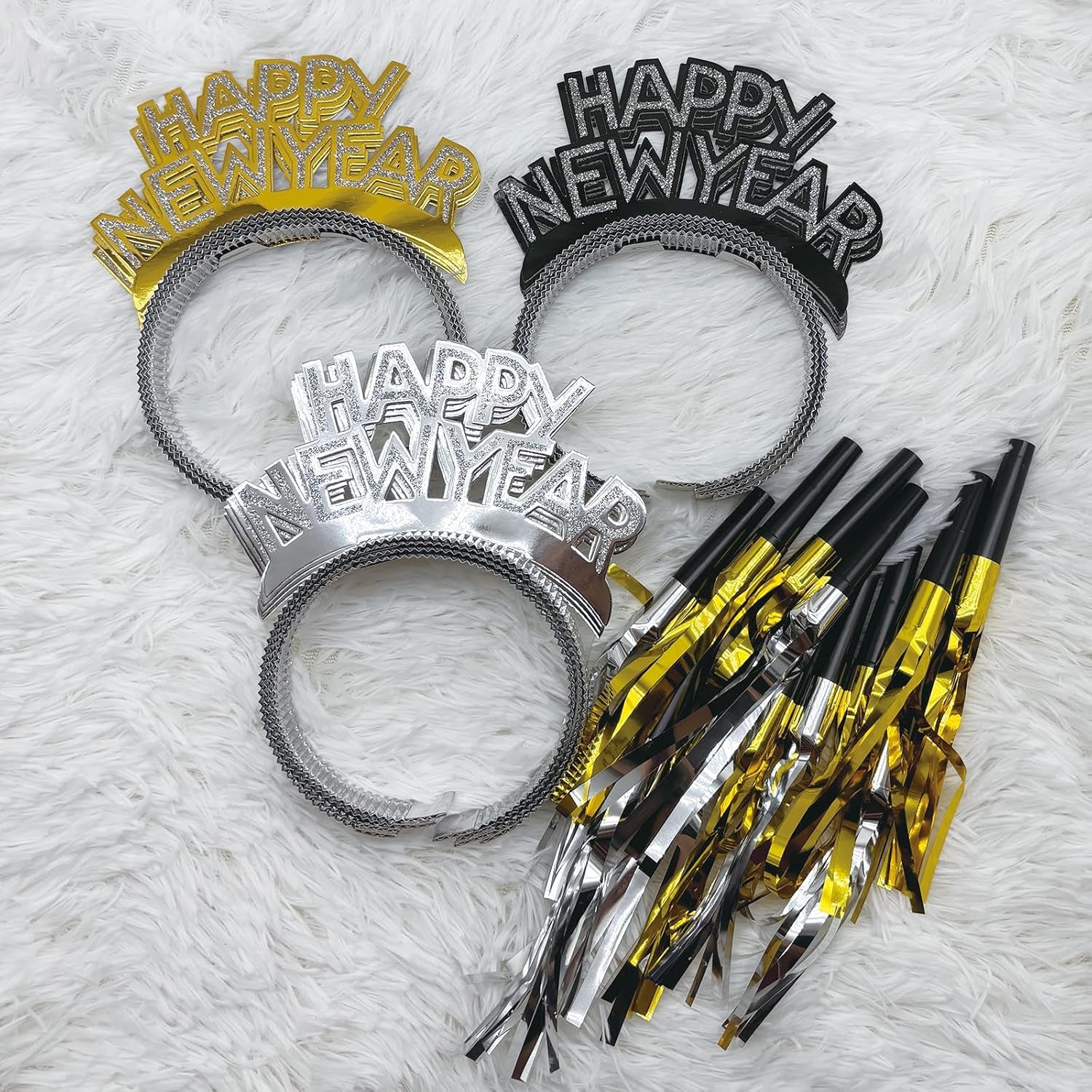 Celebrate in Style: 24-Piece New Year's Eve Party Kit 2025 with Headbands, Tiaras, and Metallic Noise Makers for All Ages!