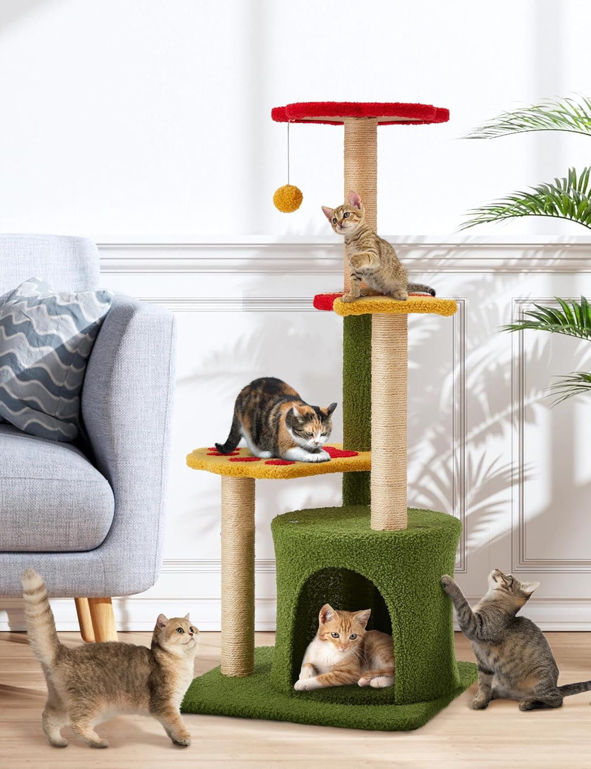 Flower Cat Tree 37In Cute Cat Tree Tower for Indoor Cats with 3 Sisal Covered Scratching Posts, Cozy Tower Condo, Large Padded Top Perch Green Fun Cat Tree Kitty Condo Cat Furniture for Indoor Cats