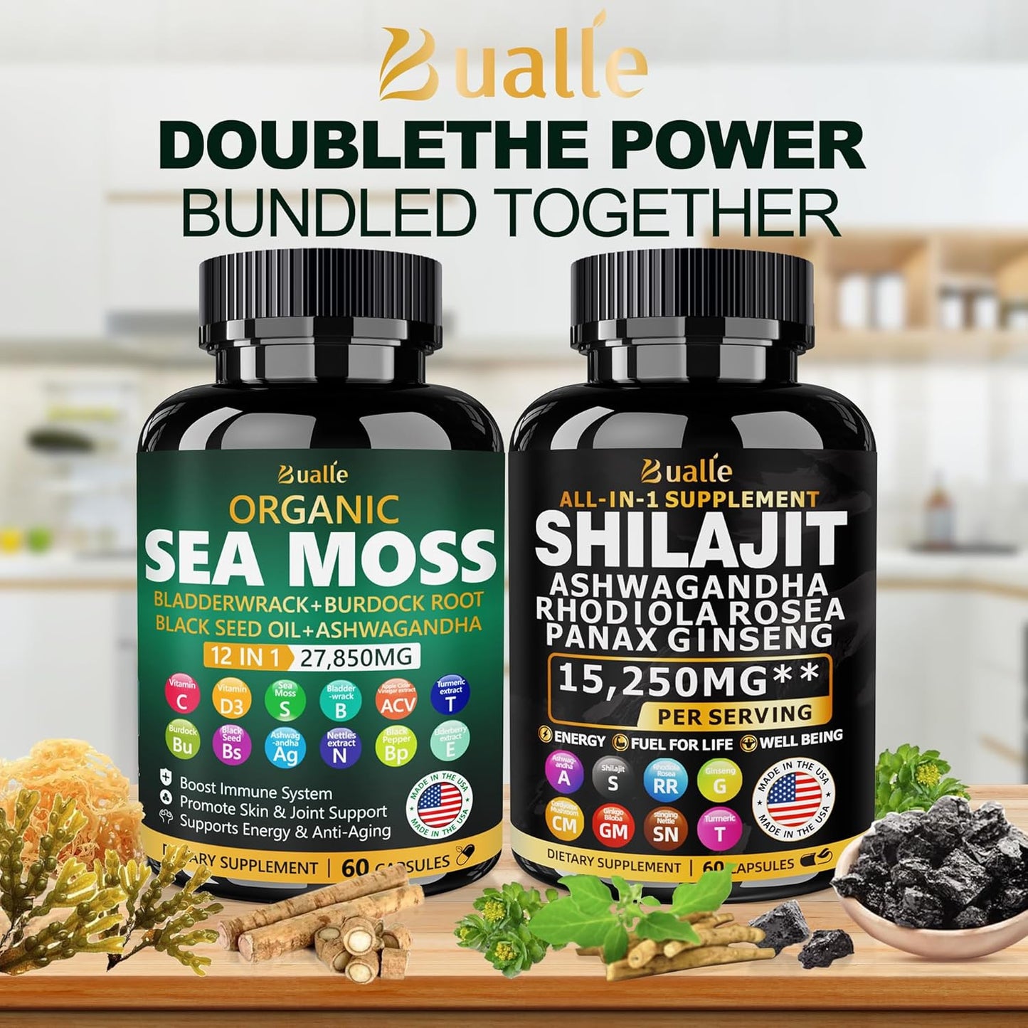 Sea Moss and Shilajit Bundle - 60 Count - Sea Moss 18000Mg, Black Seed Oil 4000Mg, Ashwagandha 1000Mg, Ginger & Shilajit 9000Mg, Rhodiola Rosea 1000Mg, All in 1 Supplements (2 Pack)