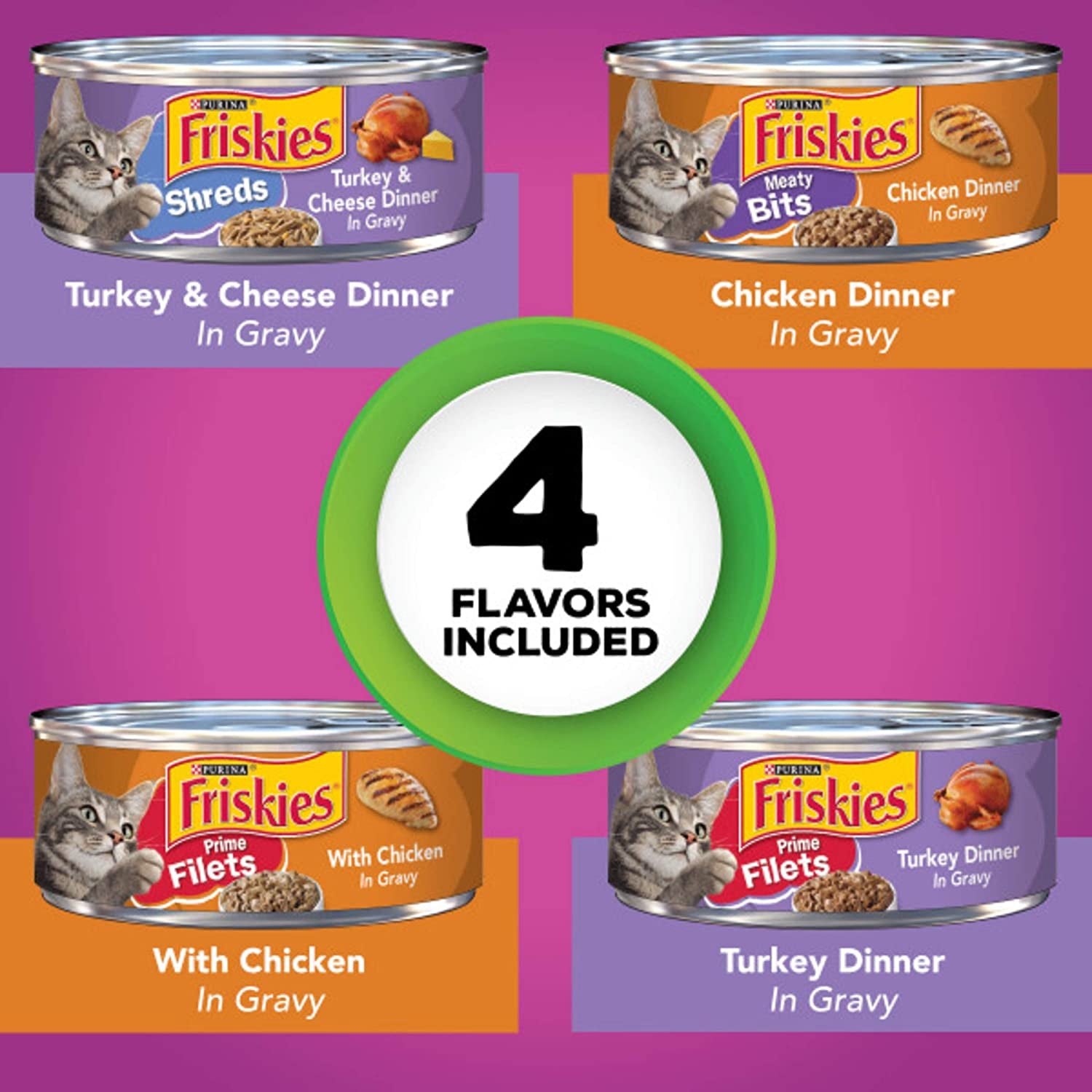 Purina Friskies Gravy Wet Cat Food Variety Pack, Poultry Shreds, Meaty Bits and Prime Filets - (Pack of 32) 5.5 Oz. Cans