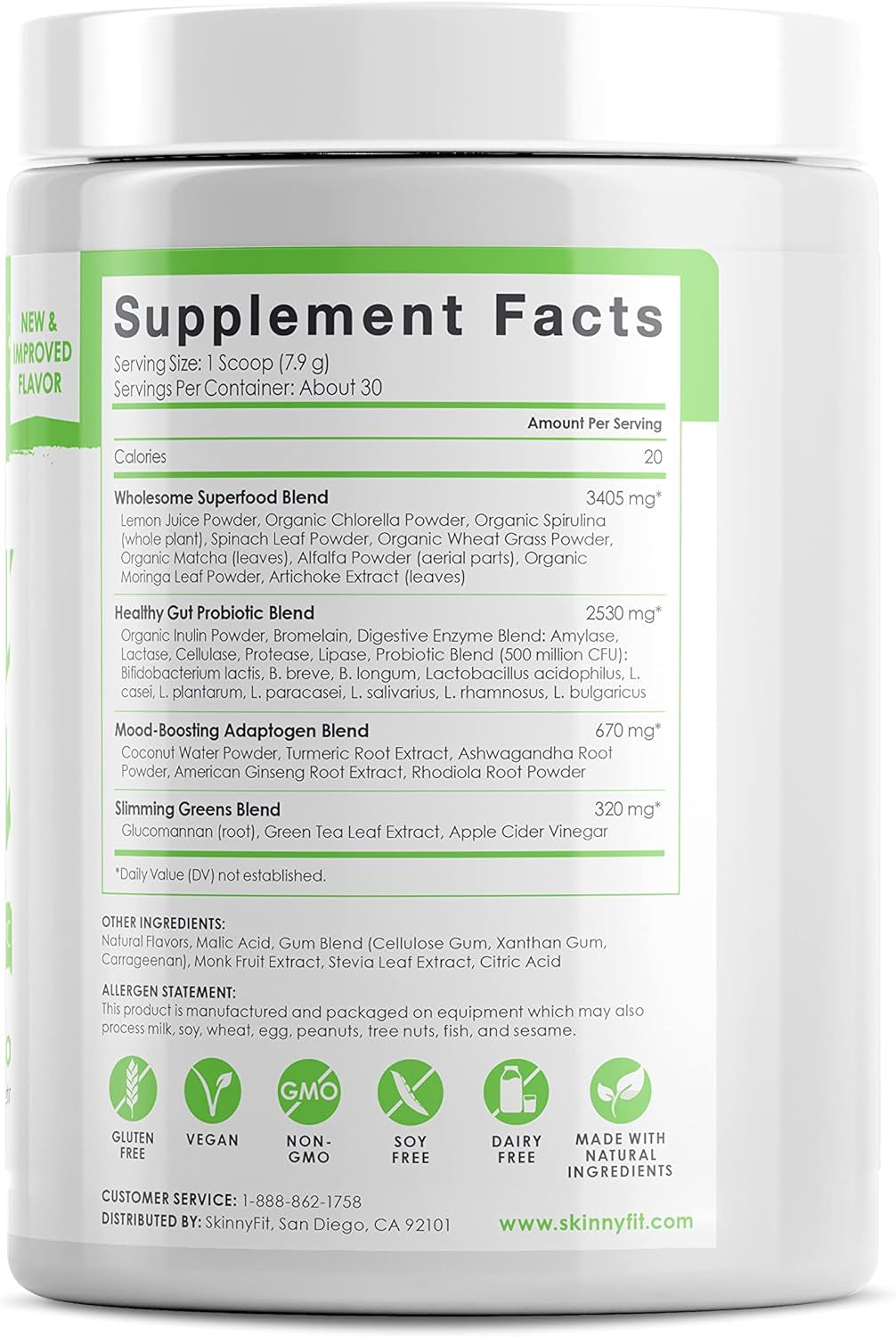 Skinnyfit Skinny Greens, Green Juice Superfood Powder, Green Apple Flavor, Natural Energy & Focus, Spirulina, Chlorella, 30 Servings