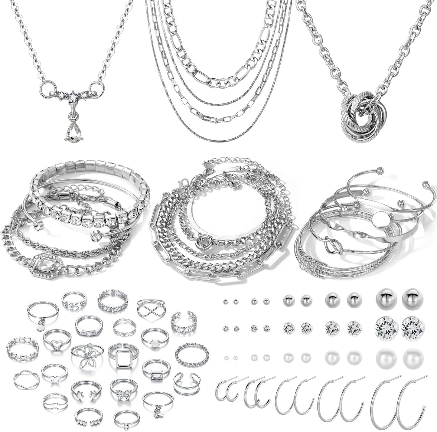 IFKM 36 PCS Silver Plated Jewelry Set with 3 PCS Necklace, 12 PCS Bracelet, 7 PCS Ear Cuffs Earring, 14 Pcs Knuckle Rings for Women Girls Valentine Anniversary Birthday Friendship Gift