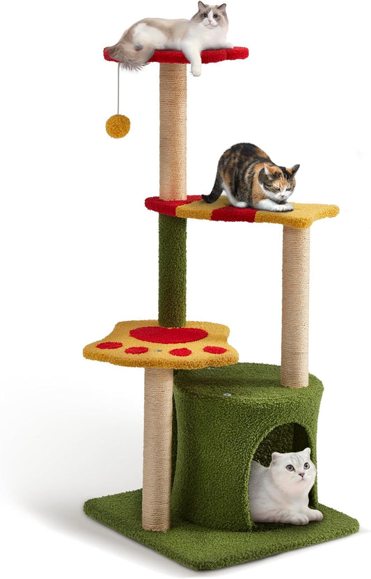 Flower Cat Tree 37In Cute Cat Tree Tower for Indoor Cats with 3 Sisal Covered Scratching Posts, Cozy Tower Condo, Large Padded Top Perch Green Fun Cat Tree Kitty Condo Cat Furniture for Indoor Cats