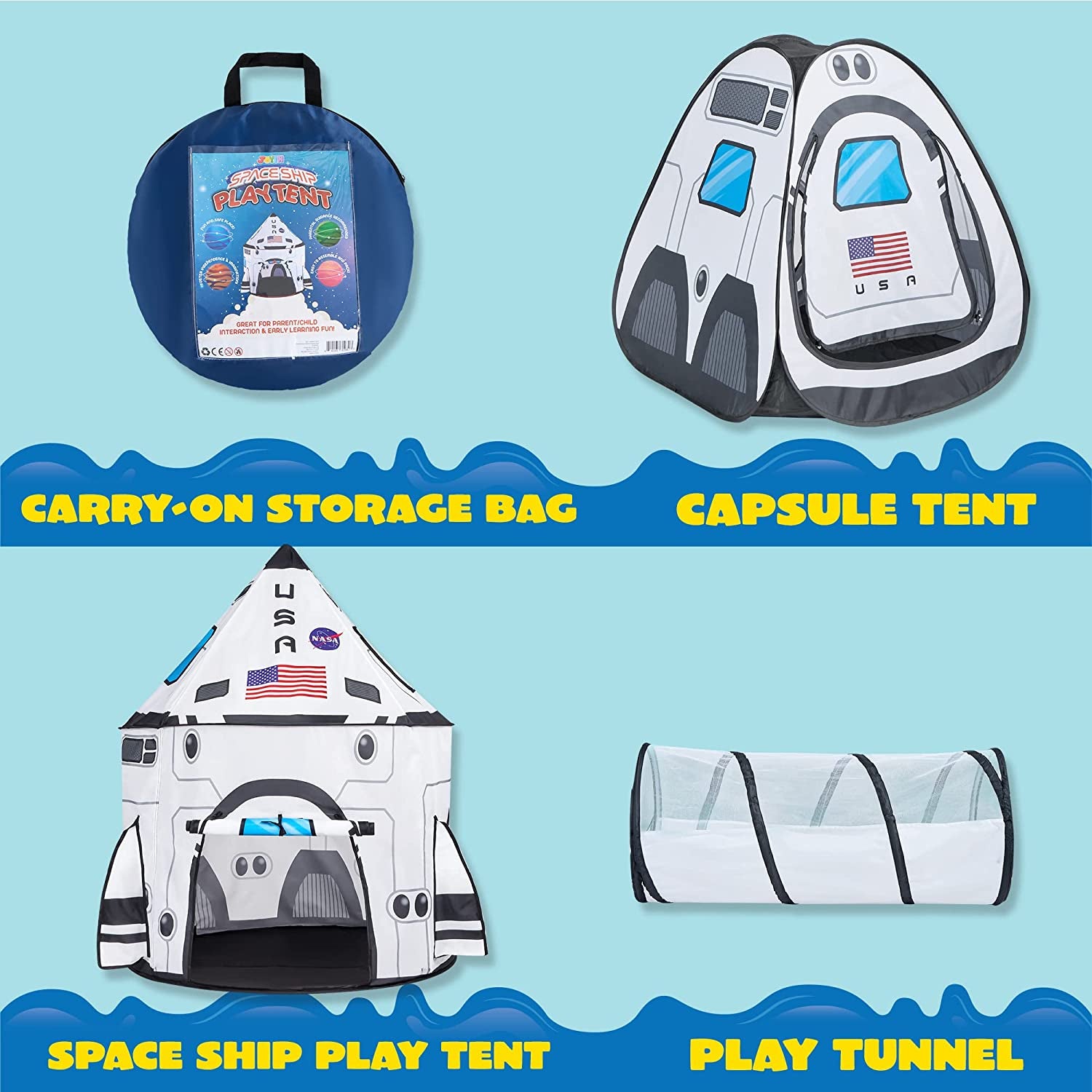 JOYIN White Rocket Ship Pop up Play Tent with Tunnel and Playhouse Kids Indoor Outdoor Spaceship Tent Set