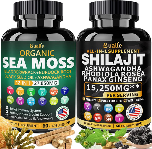 Sea Moss and Shilajit Bundle - 60 Count - Sea Moss 18000Mg, Black Seed Oil 4000Mg, Ashwagandha 1000Mg, Ginger & Shilajit 9000Mg, Rhodiola Rosea 1000Mg, All in 1 Supplements (2 Pack)