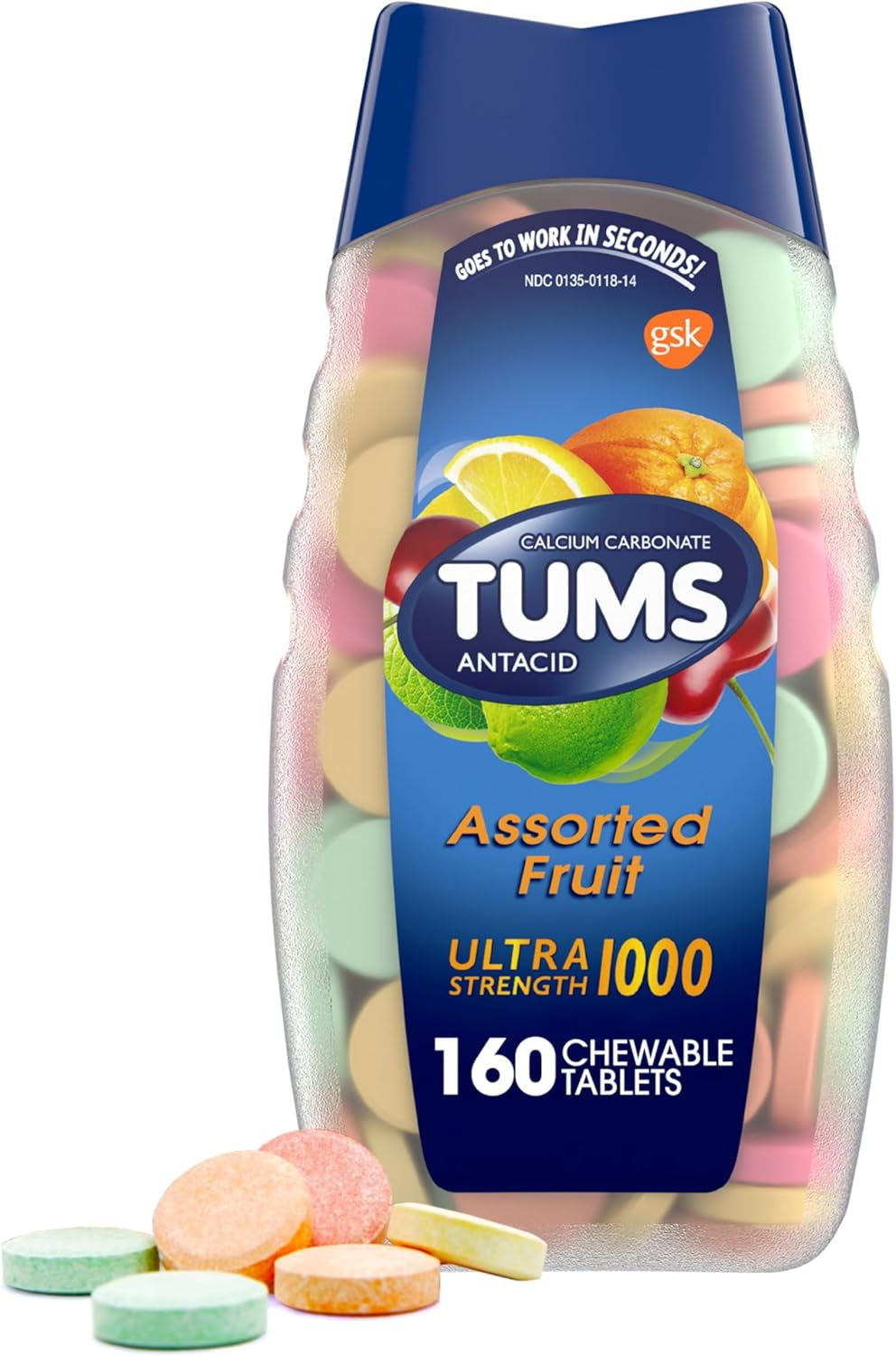 TUMS Ultra Strength Chewable Antacid Tablets for Heartburn Relief and Acid Indigestion Relief, Assorted Berries - 160 Count