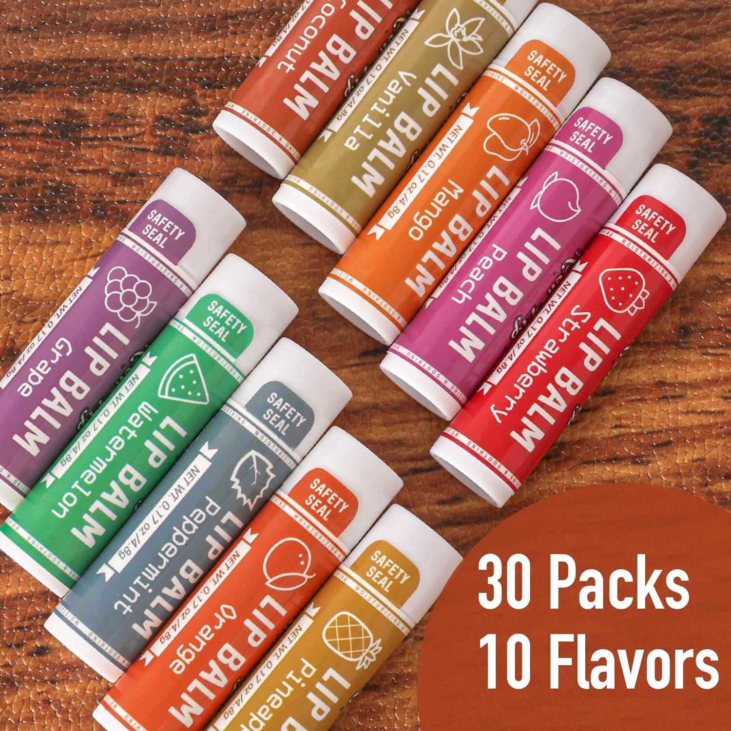 AZEN 30 Pack Lip Balm, Natural Lip Balm Bulk, Lip Care Product, Moisturizing Lip Balm for Dry Cracked Lips - 10 Flavors