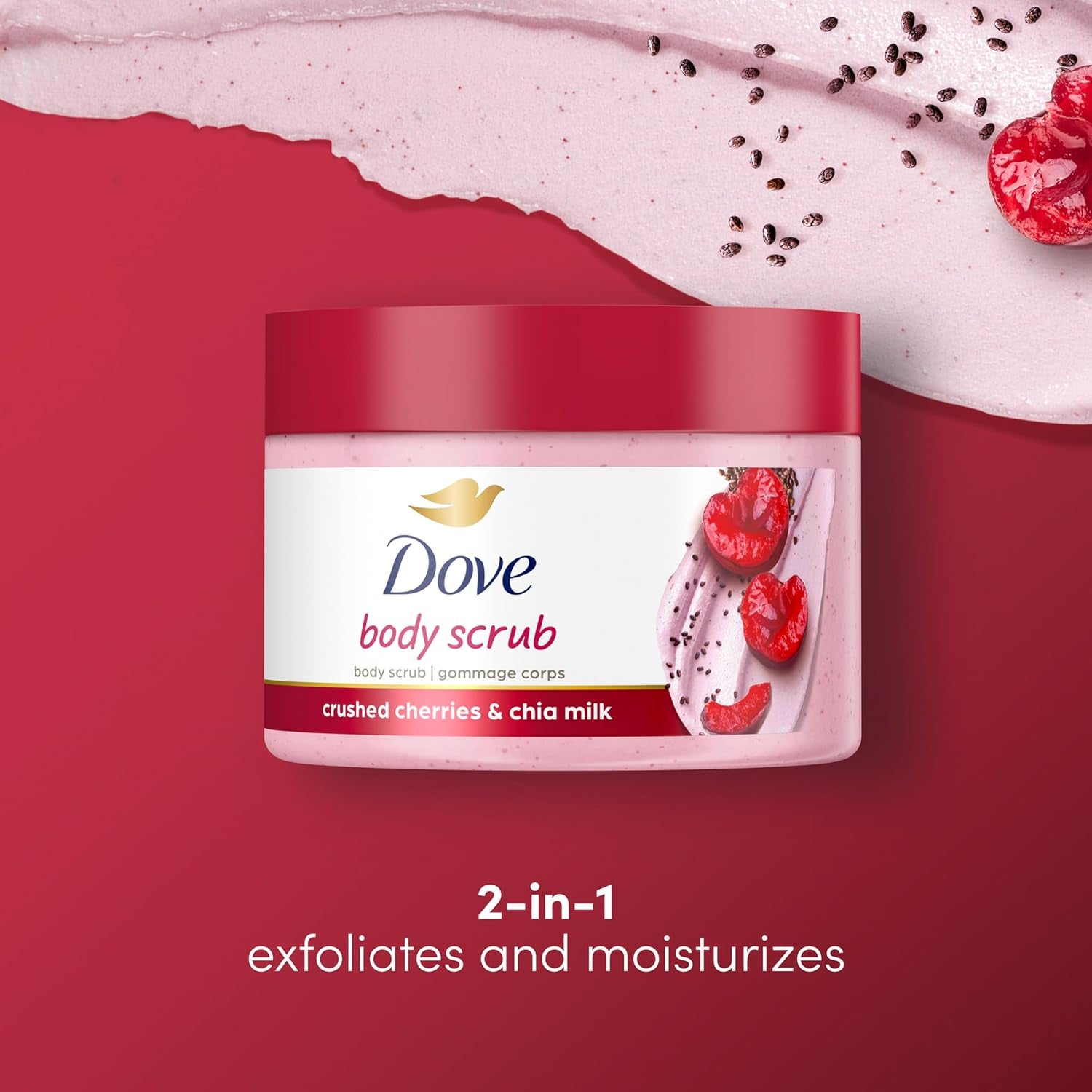 Dove Exfoliating Body Polish Crushed Cherries & Chia Milk Skin Care for Revitalized Skin Formulated with 1/4 Moisturizing Cream 10.5 Oz