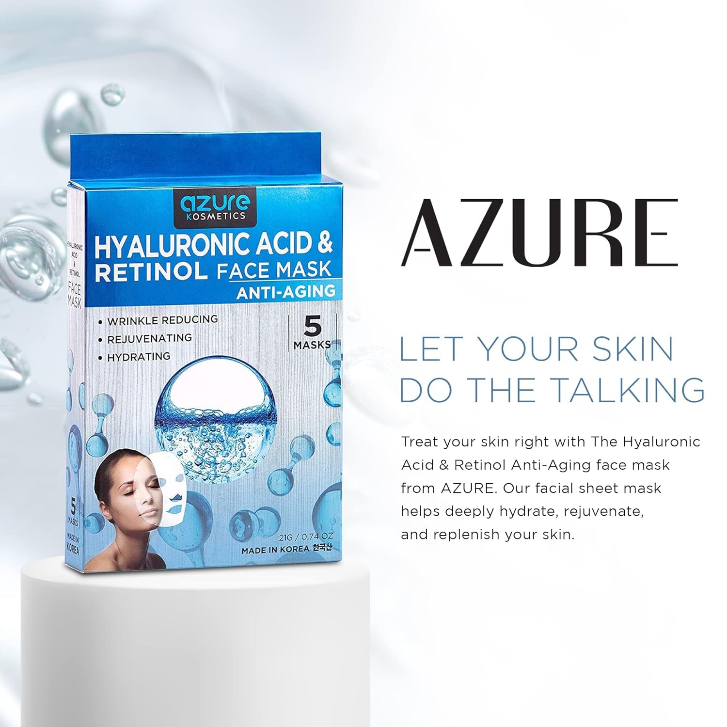 AZURE Hyaluronic Acid & Retinol anti Aging Facial Mask - Dermatologist Tested - Rejuvenating & Hydrating Face Mask - Helps Reduce Fine Lines & Wrinkles, Smooths & Repairs - Korean Skin Care - 5 Pack