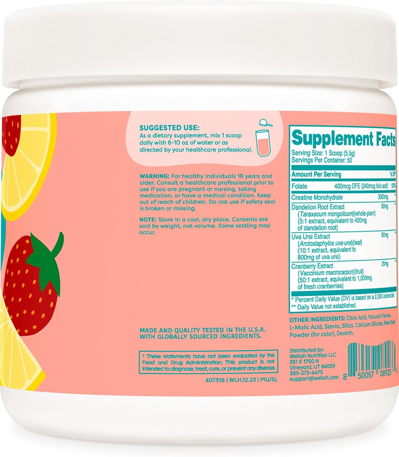 Pump-It-Up Creatine (50 Servings, Strawberry Lemonade) - Creatine Monohydrate with Dandelion, Uva Ursi, & Cranberry Extract