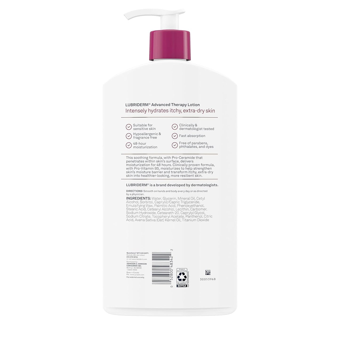Lubriderm Advanced Therapy Moisturizing Hand and Body Lotion + Pro-Ceramide with Vitamin E and Pro-Vitamin B5, Non-Greasy, Fragrance-Free, Intense Hydration for Itchy, Extra Dry Skin, 32 FL OZ