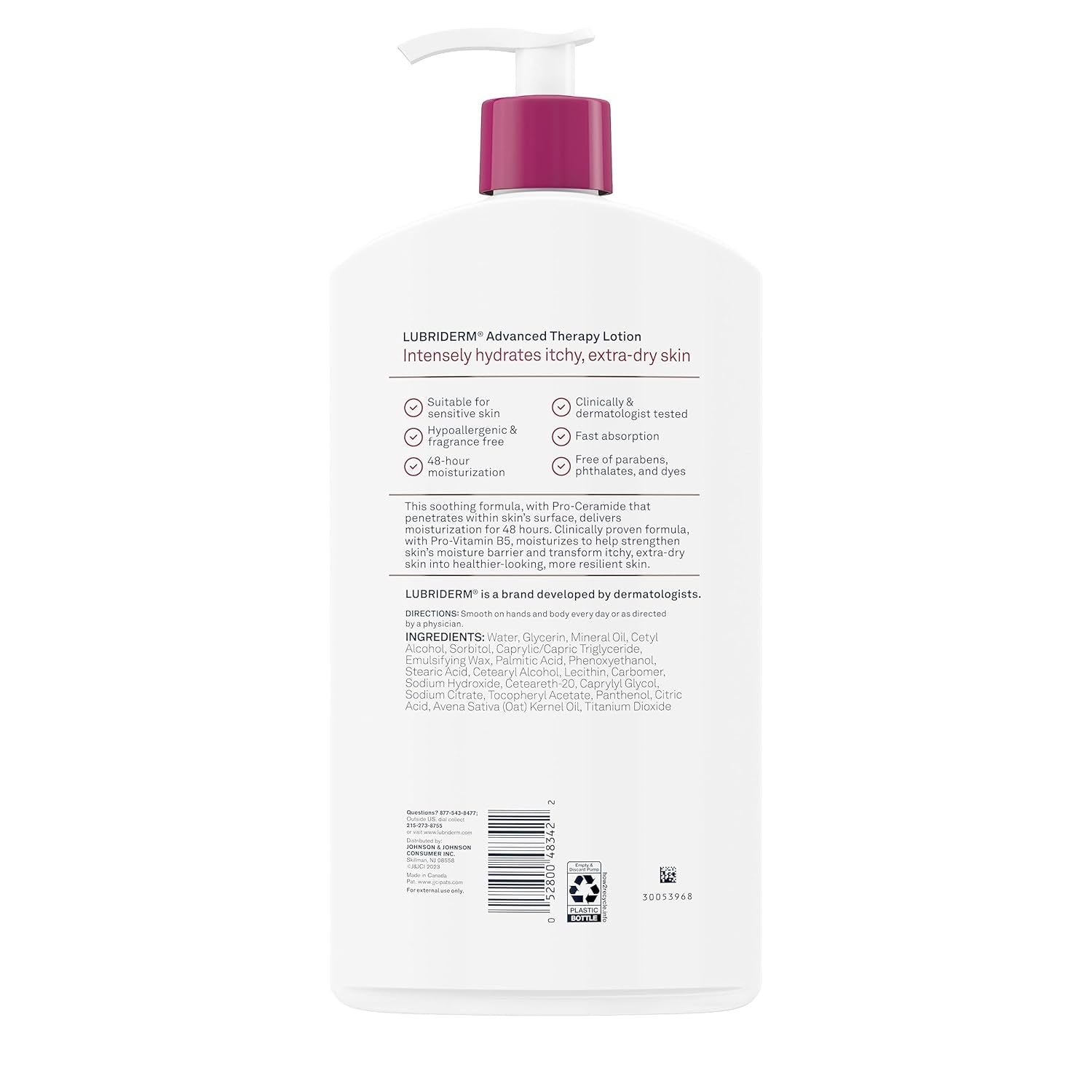 Lubriderm Advanced Therapy Moisturizing Hand and Body Lotion + Pro-Ceramide with Vitamin E and Pro-Vitamin B5, Non-Greasy, Fragrance-Free, Intense Hydration for Itchy, Extra Dry Skin, 32 FL OZ