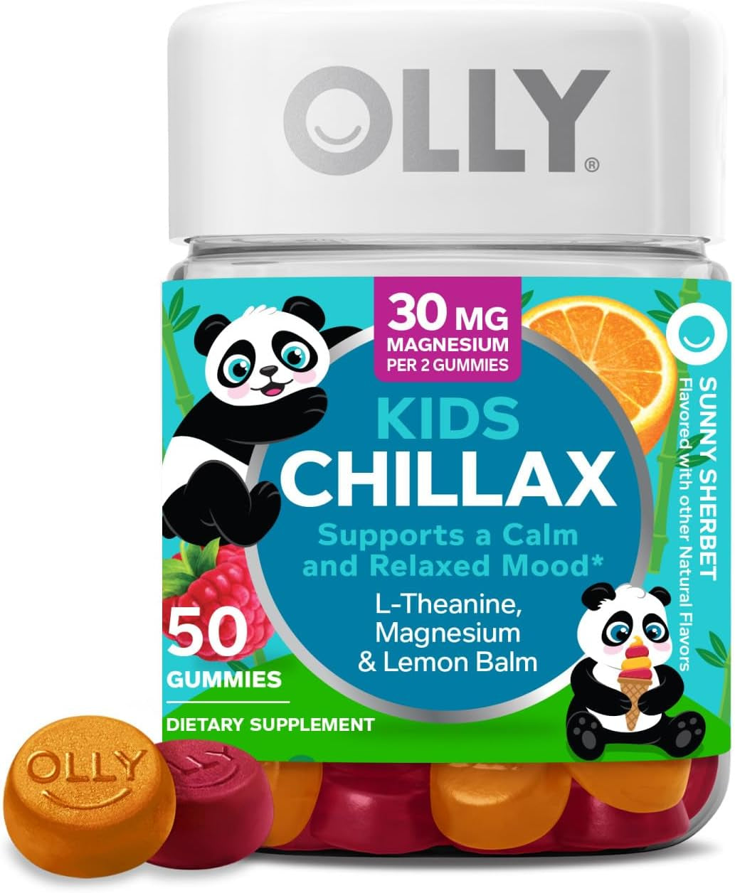 OLLY Kids Chillax Gummies, L-Theanine, Magnesium, Lemon Balm, Chewable Supplement, Sherbet Flavor with Other Natural Flavor - 50 Count