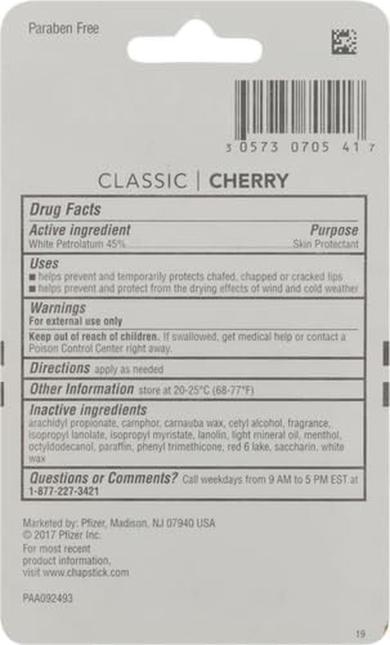 Chapstick Classic Skin Protectant Flavored Lip Balm Tube, Cherry Flavor, 0.15 Ounce (Pack of 3)