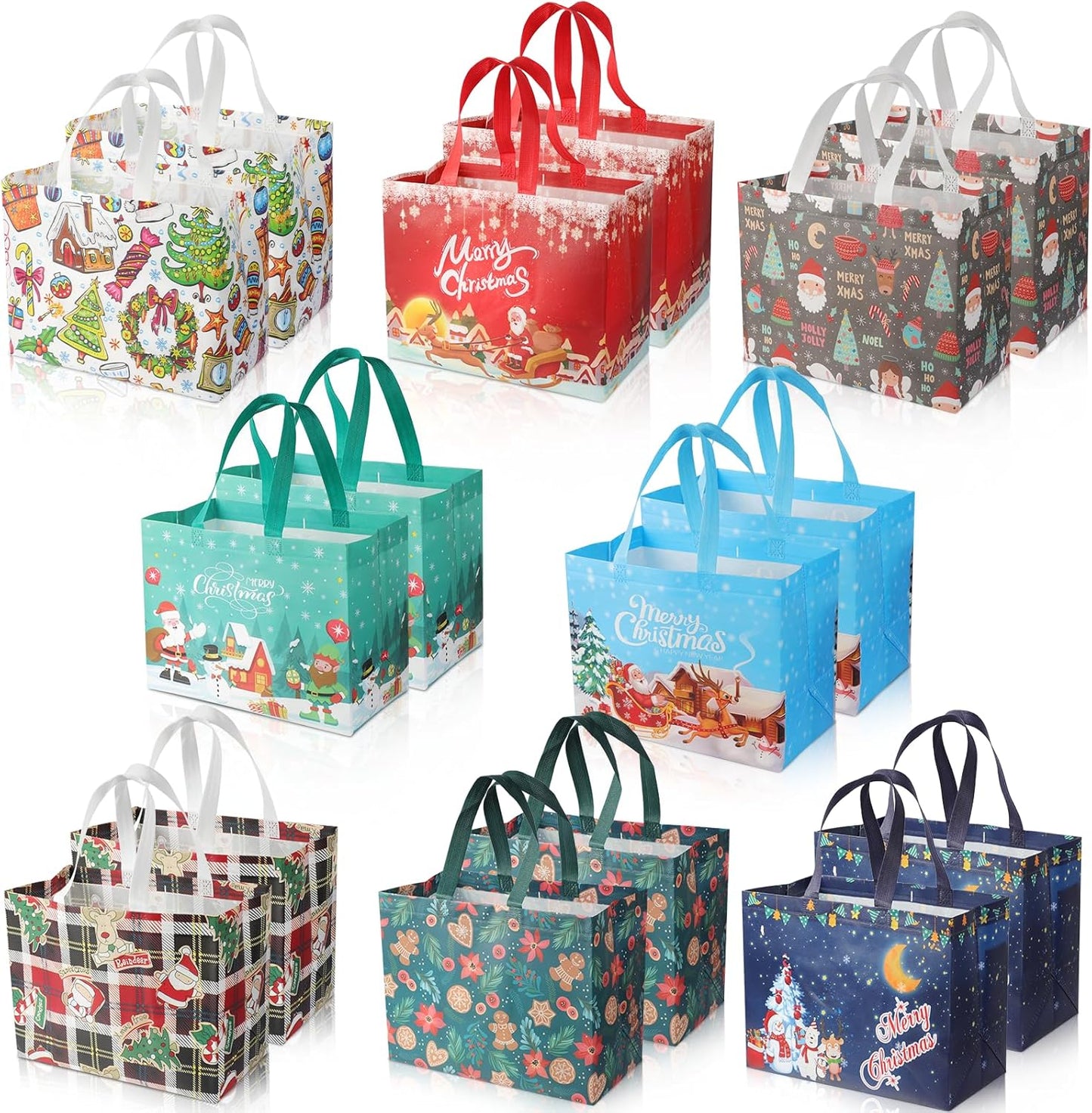 Christmas Gift Bags, 24 PCS Reusable Christmas Treat Bags, Paper Gift Bags with Handles & Christmas Prints, Christmas Bags for Gifts Holiday Gift Bags Xmas Gift Bags Party Favors, 7.08X3.5X8.85 Inch