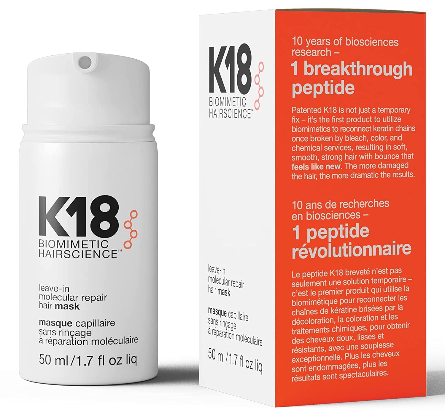 K18 Leave-In Molecular Hair Mask, Repairs Dry or Damaged Hair, Reverse Hair Damage from Bleach, Color, Chemical Services & Heat