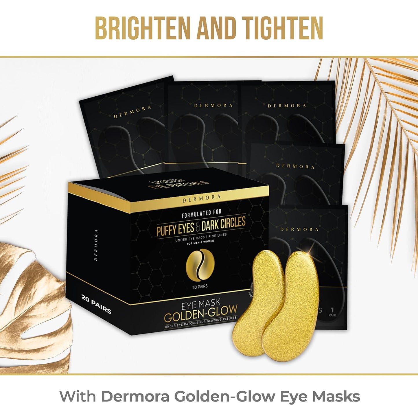 DERMORA Golden Glow under Eye Patches (20 Pairs Eye Gels) - Rejuvenating Treatment for Dark Circles, Puffy Eyes, Refreshing, Revitalizing, Travel, Wrinkles