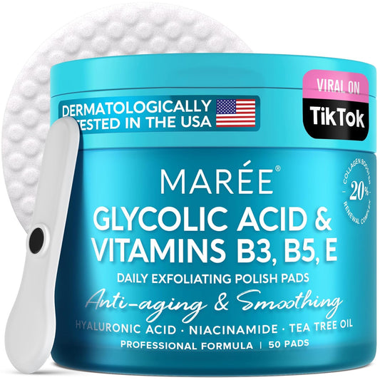 MAREE Glycolic Acid Pads - Toner Pads for Face Cleansing with Tea Tree Oil - Exfoliating Pads with Salicylic Acid & Vitamins E, B3, B5 - Face Pads Facial Peel & Radiance Deep Cleaning Effect - 50 Pads