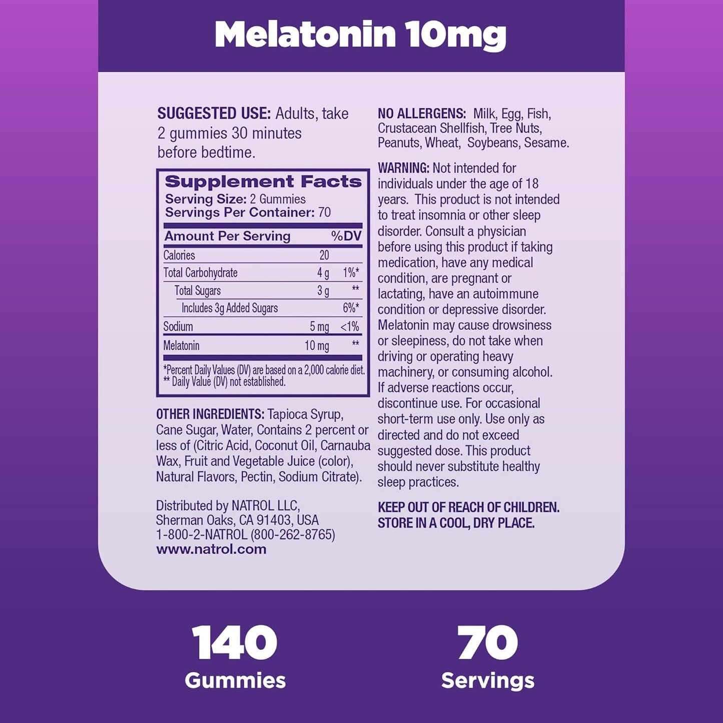 Natrol Melatonin Gummies, Sleep Support for Adults, 10 Mg Melatonin Supplement for Sleeping, 140 Strawberry-Flavored Gummies, up to a 70 Day Supply