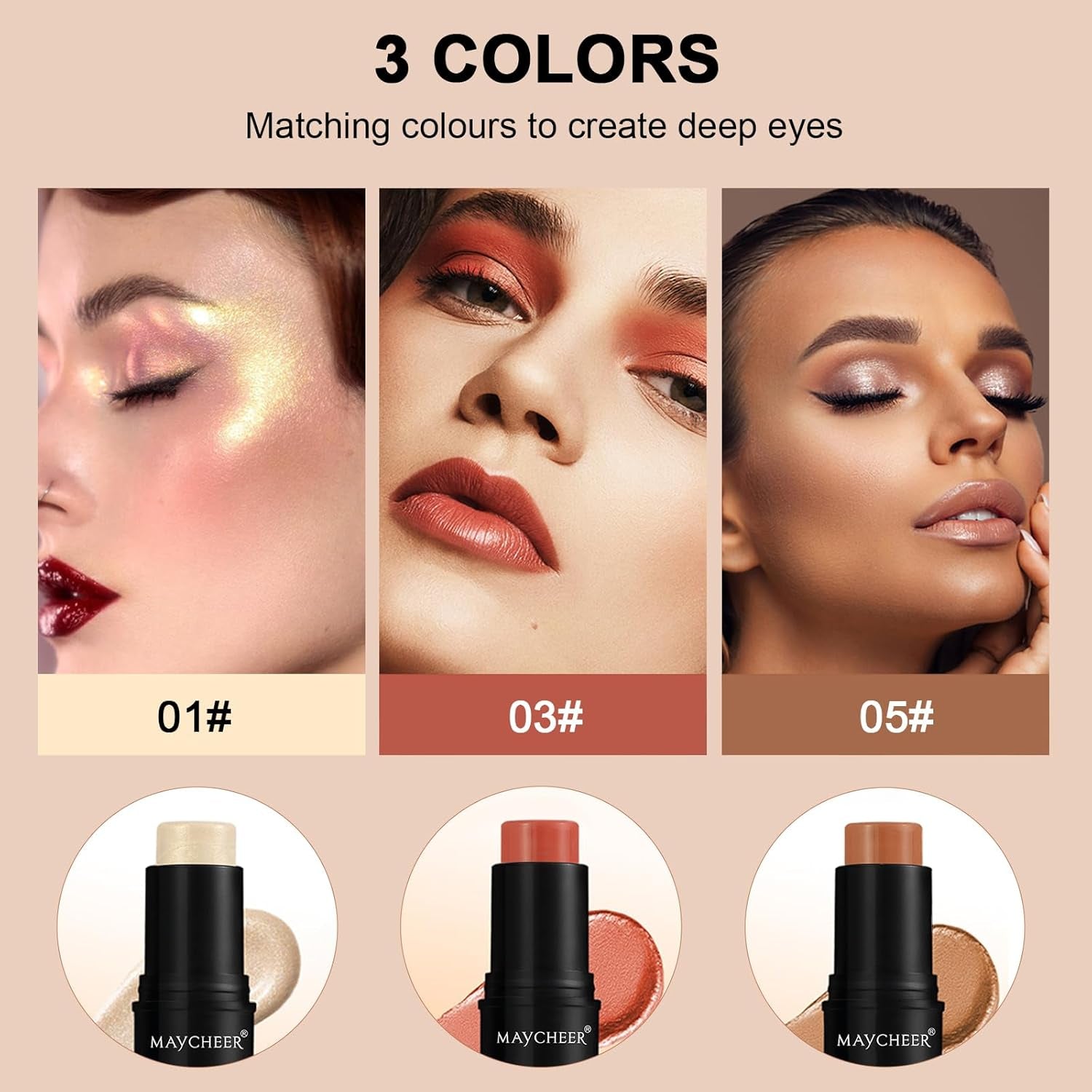 Contour Stick Makeup Set, 2024 New Face Stick Cream Blush, Bronzer Stick, Highlighter Stick for Face with Makeup Brush, Long Lasting & Natural Matte Contour Sticks for Beginner, 3 Colors (#01, 03, 05)