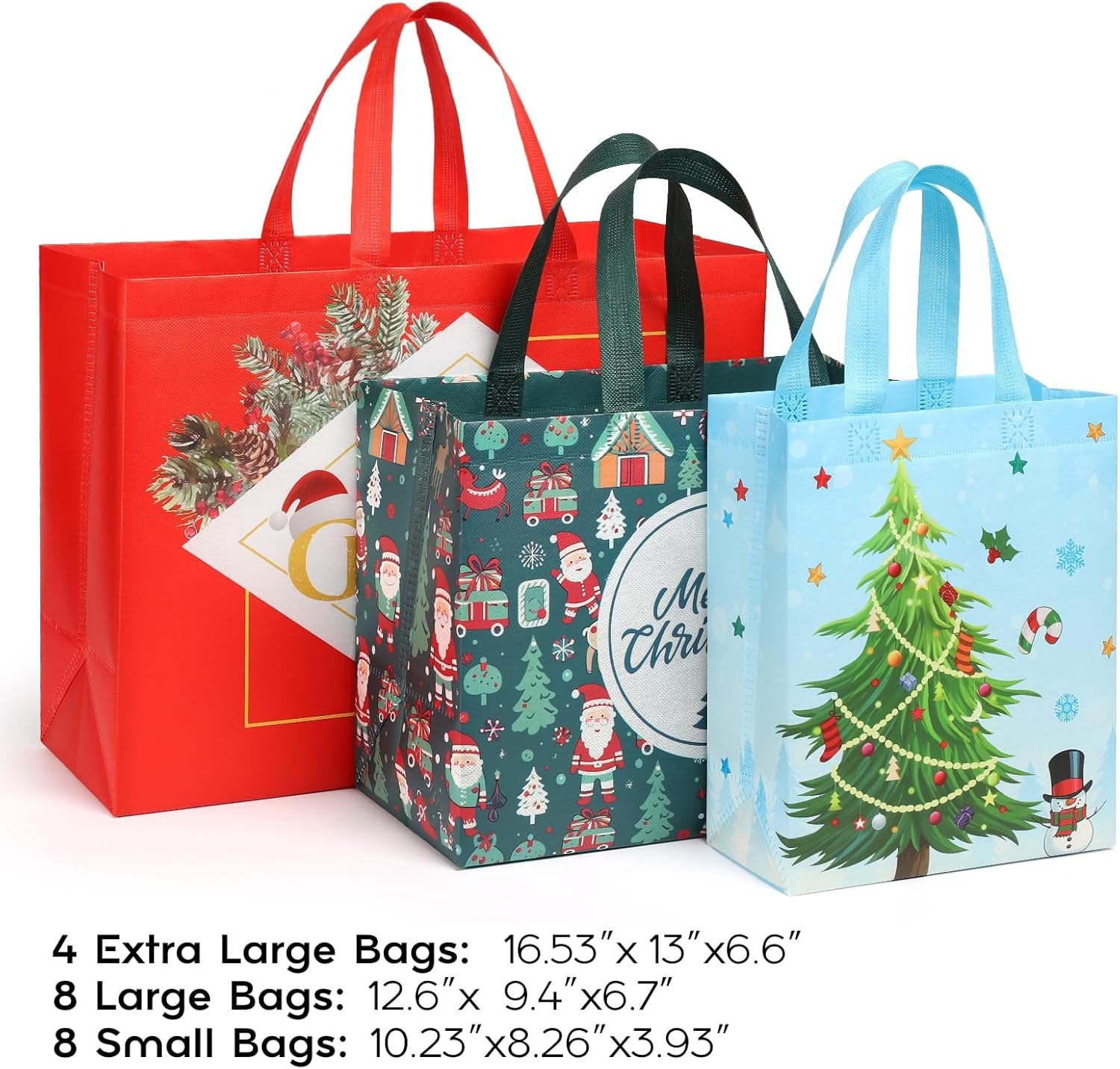 YANGTE 20 Pack Christmas Gift Bags Assorted Sizes with Handle, Non-Woven Christmas Tote Bags for Gifts Wrapping (4 Extra Large, 8 Large, 8 Medium)