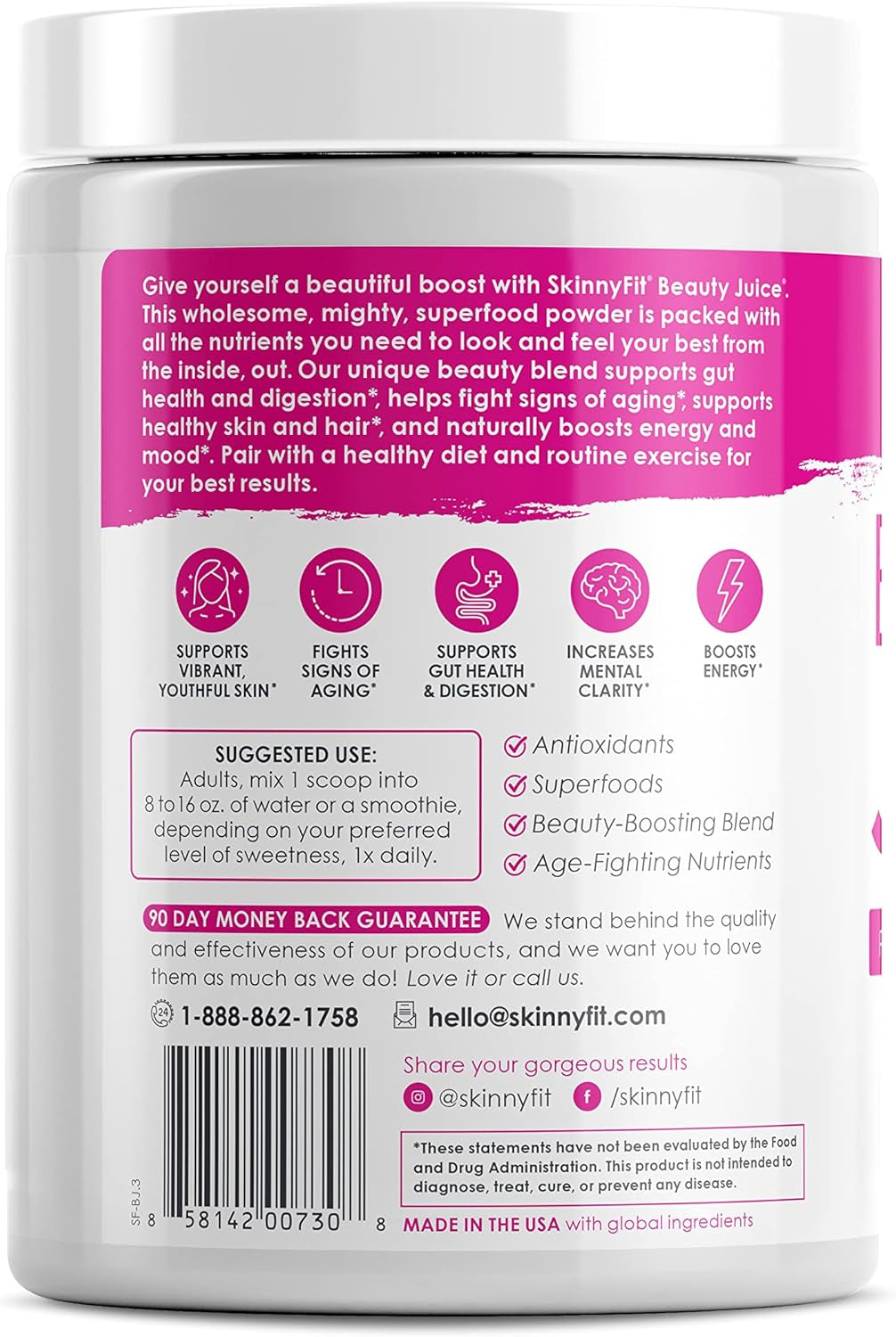 Skinnyfit Beauty Juice, Red Superfood Powder, Acai Berry Flavor - Anti-Aging, Aids in Digestion, Helps Boost Mood & Immunity, Prebiotics & Probiotics, 30 Servings